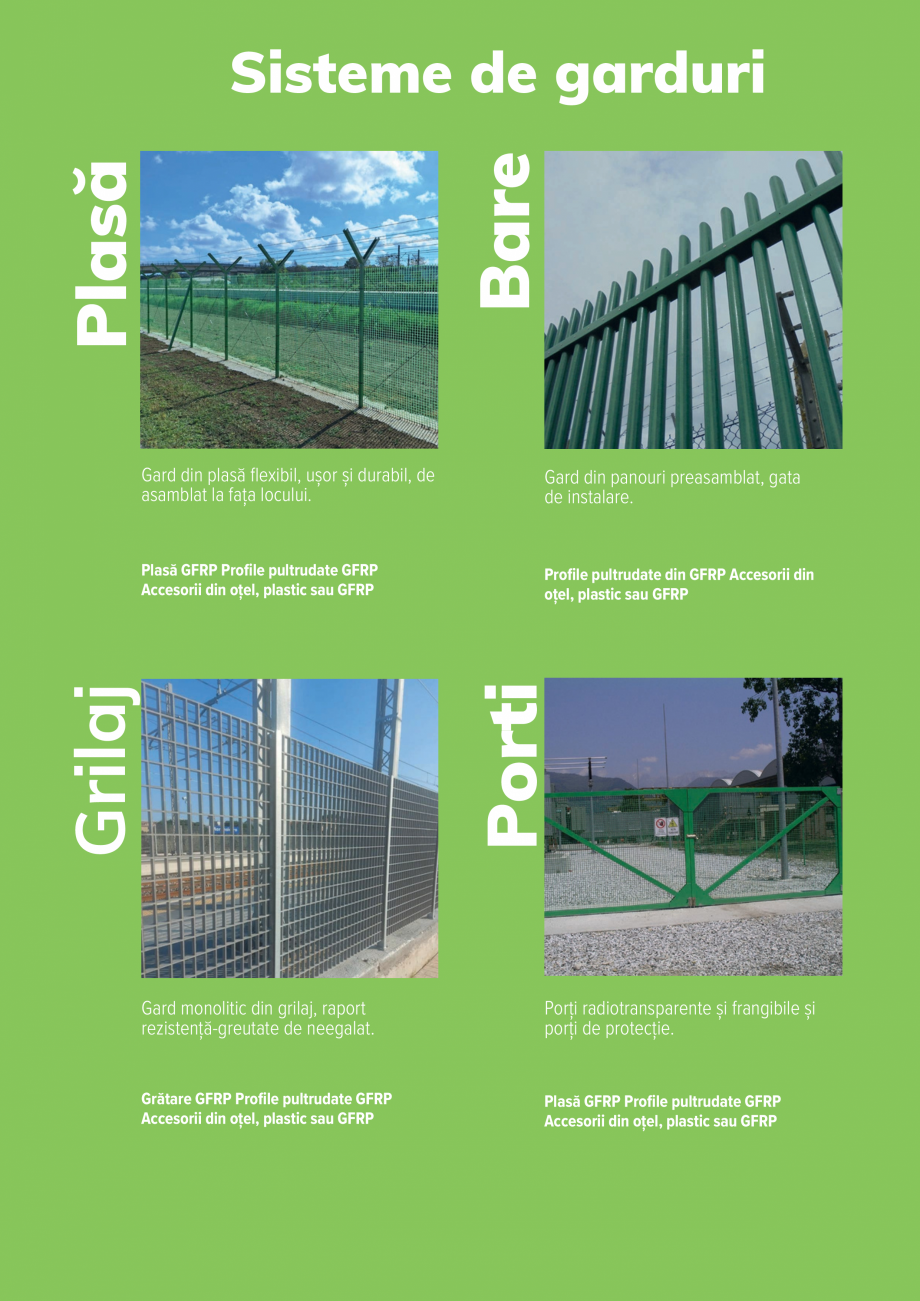 Pagina 4-Garduri si porti din GFRP FIBREFENCE bare, plasa, grilaj Catalog, brosura Romana idicate, rezistente...