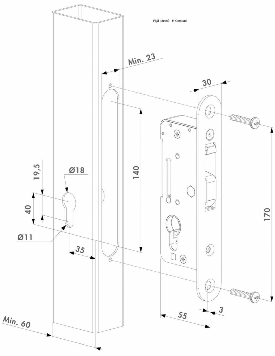 Pagina 1-Incuietoare incastrabila fara maner pentru porti metalice - Fisa tehnica  LOCINOX H-Compact Fisa...