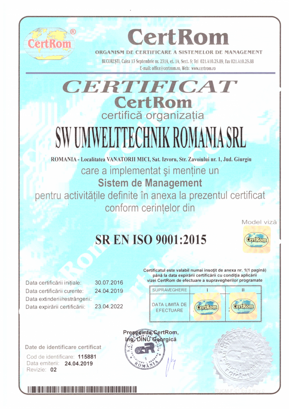 Pagina 1-Certificat CertROM - SR EN ISO 9001:2015  Certificare produs Romana 