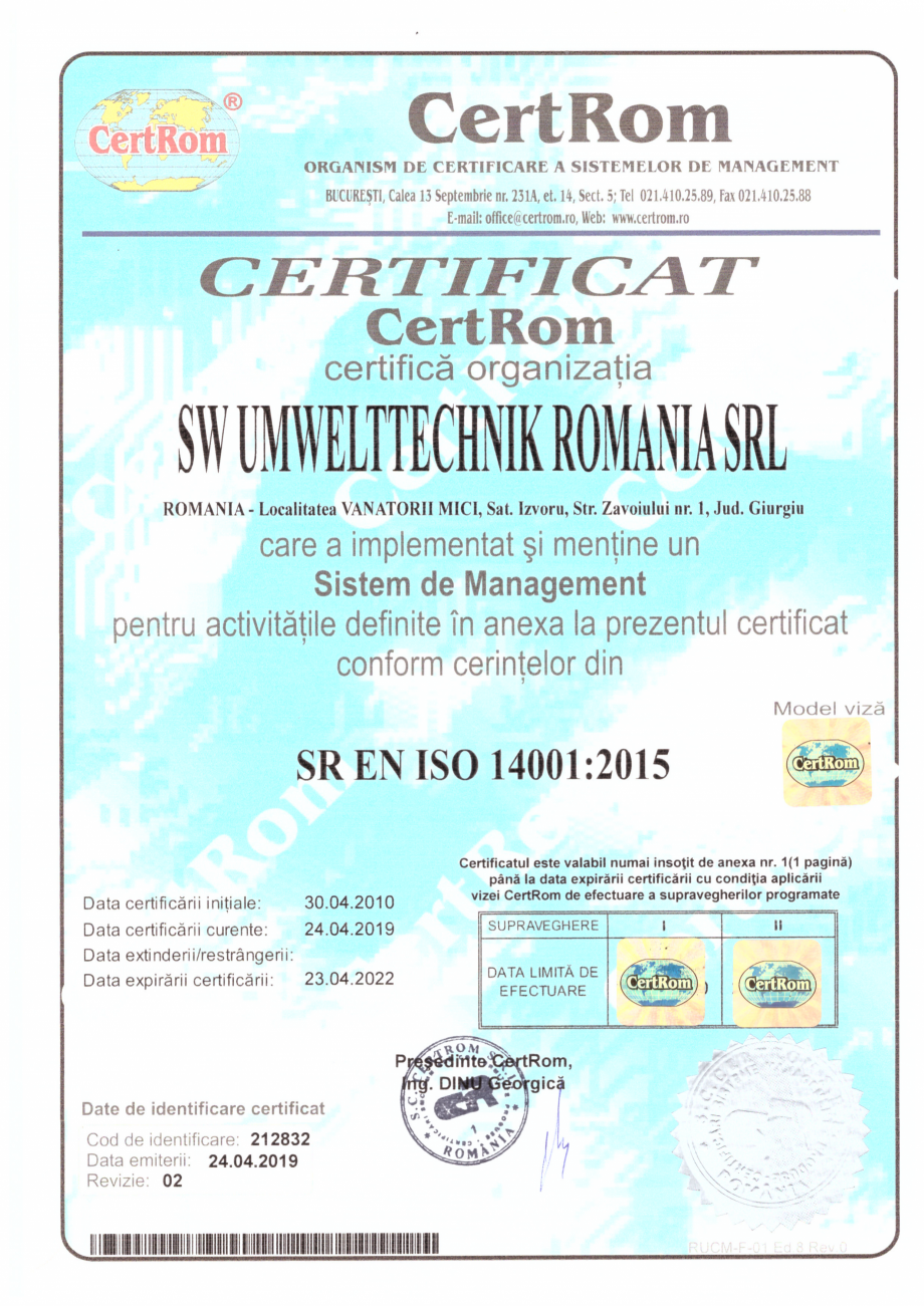 Pagina 1 - Certificat CertROM - SR EN ISO 14001:2015  Certificare produs 