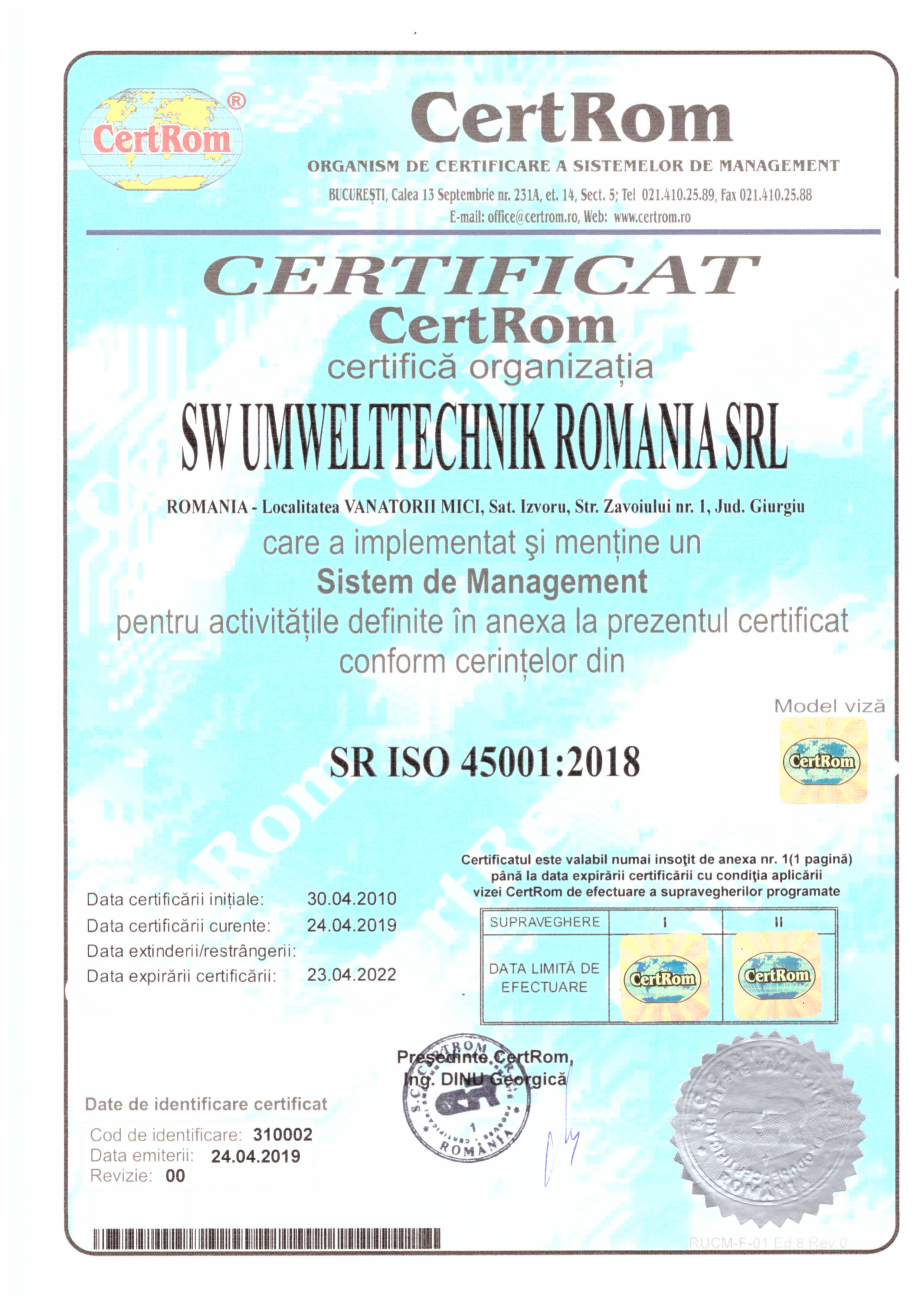 Pagina 1-Certificat CertROM - SR EN ISO 45001:2018  Certificare produs Romana 