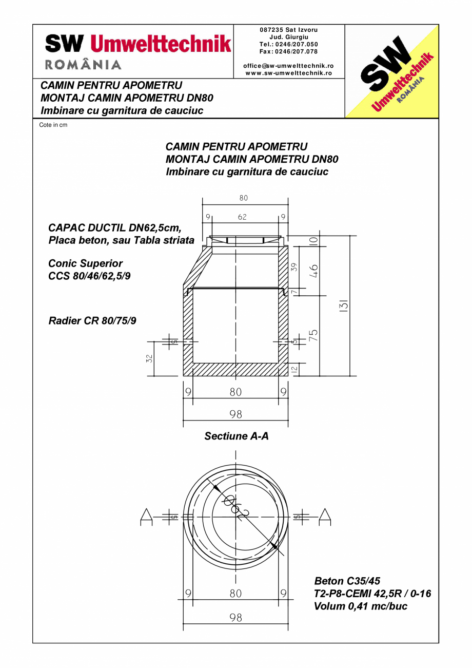Pagina 1-CAD-PDF Montaj camin apometru DN80 - Imbinare cu garnitura de cauciuc  SW UMWELTTECHNIK Detaliu de...