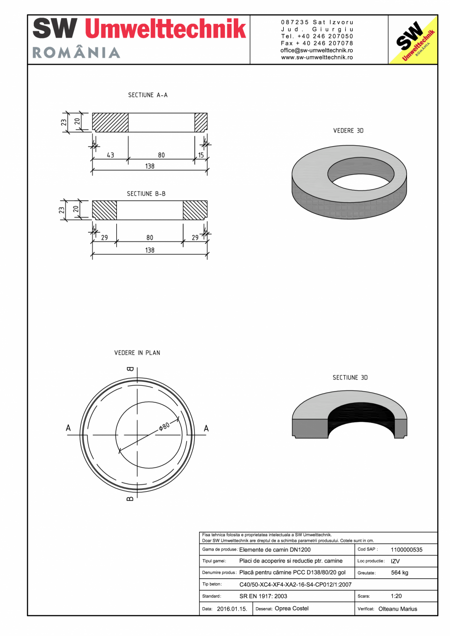 Pagina 1-CAD-PDF Placa pentru camine PCC D138/80/20 gol SW UMWELTTECHNIK Detaliu de produs PCC-PNC-PA 