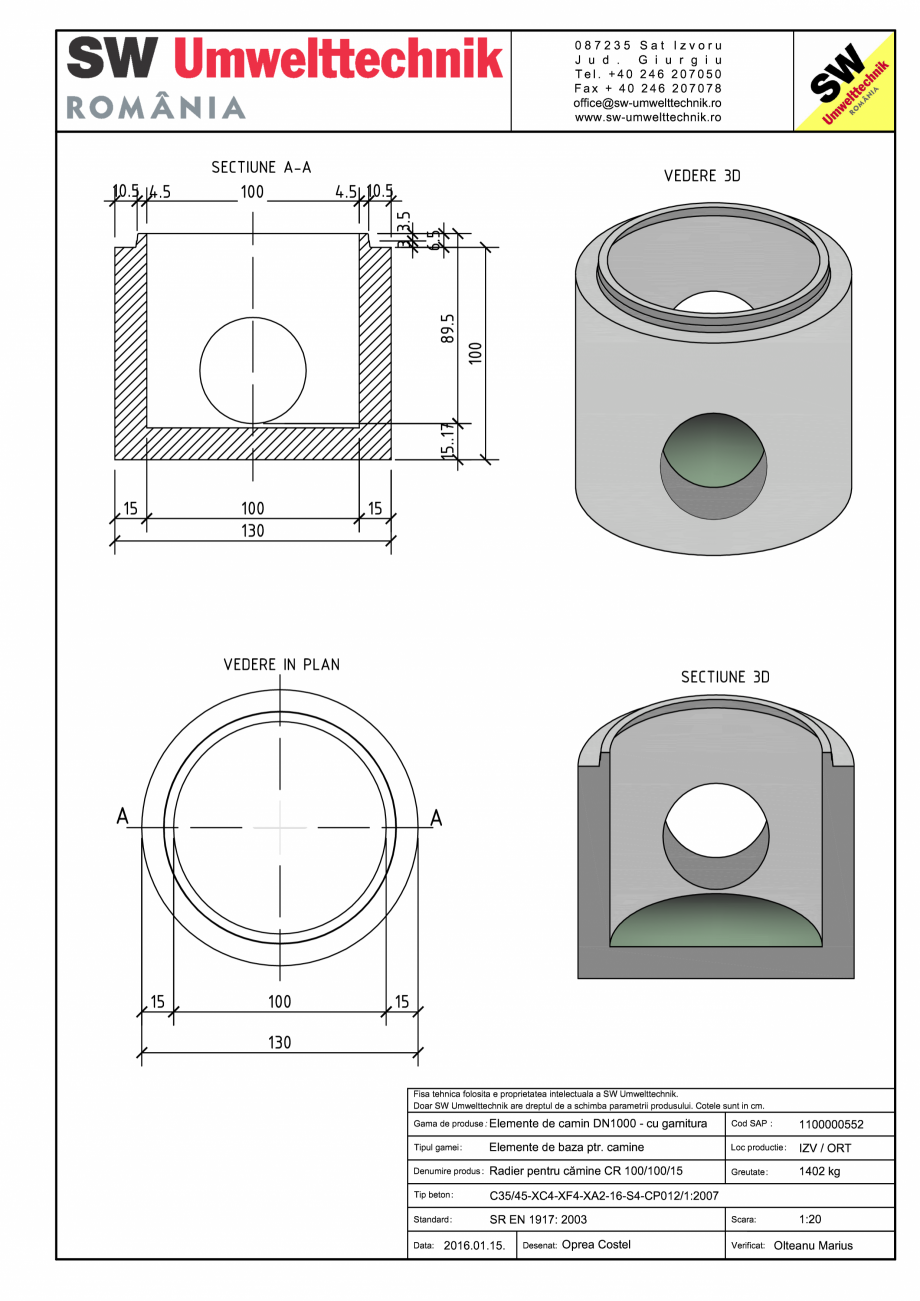 Pagina 1-CAD-PDF Radier pentru camine CR 100/100/15 SW UMWELTTECHNIK Detaliu de produs CRV- RCA-CR-CRJ  
