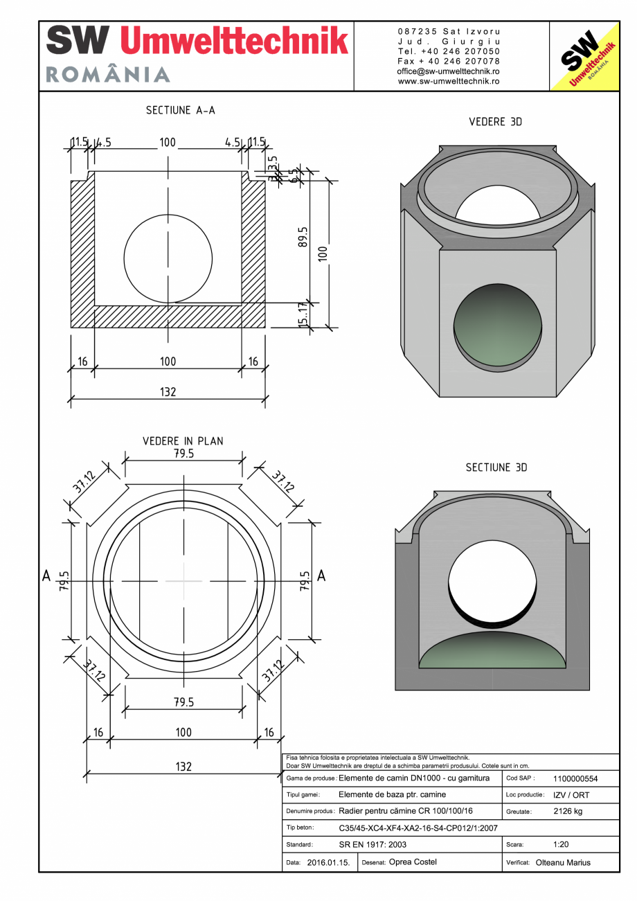 Pagina 1-CAD-PDF Radier pentru camine CR 100/100/16 SW UMWELTTECHNIK Detaliu de produs CRV- RCA-CR-CRJ  