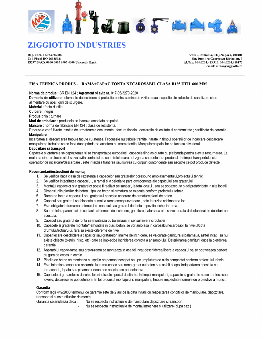 Pagina 1-Capac fonta -B125- util -600 mm - rama 730 SW UMWELTTECHNIK Di625-Di800 Fisa tehnica Romana...