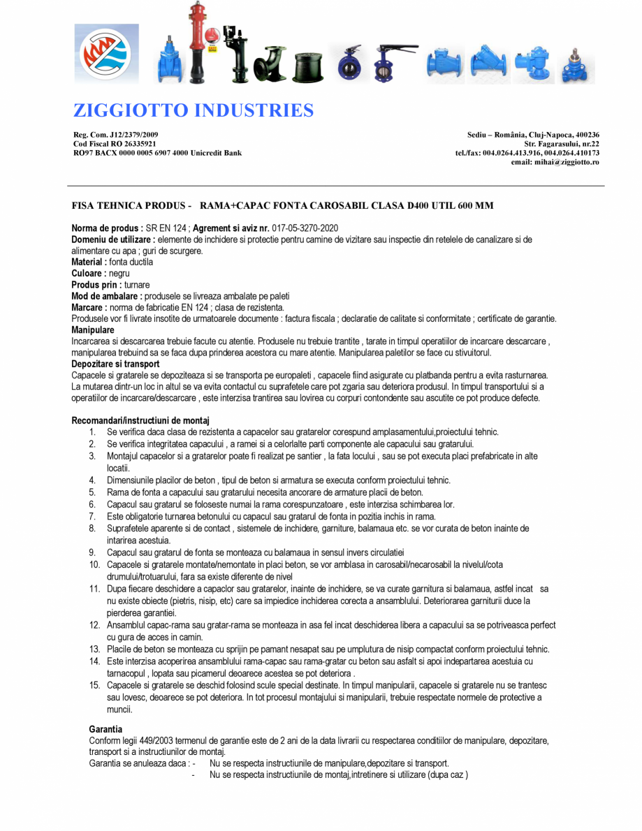 Pagina 1-Rama si capac fonta - D400-util-600 mm-rama-785 mm SW UMWELTTECHNIK Di625-Di800 Fisa tehnica Romana ...