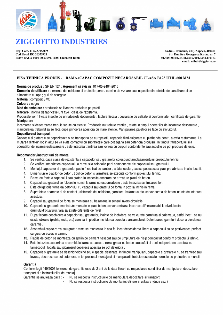 Pagina 1-Rama si capac compozit - necarosabil - clasa B125 - util 600 mm SW UMWELTTECHNIK Di625-Di800 Fisa...