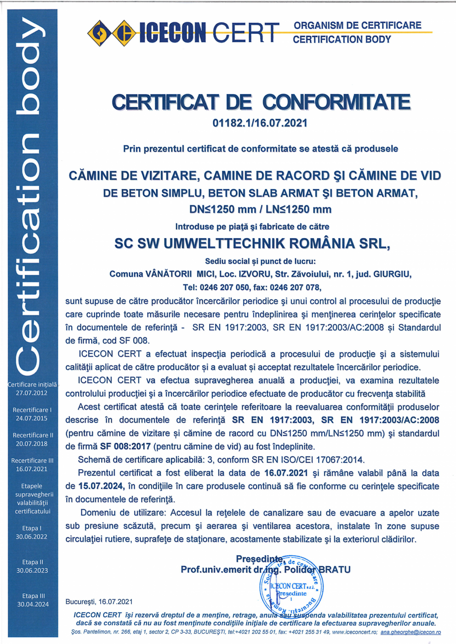 Pagina 1-Certificat de conformitate nr 01182.1 - camine de vizitare mai mici 1250 - valabil pana la 15.07...