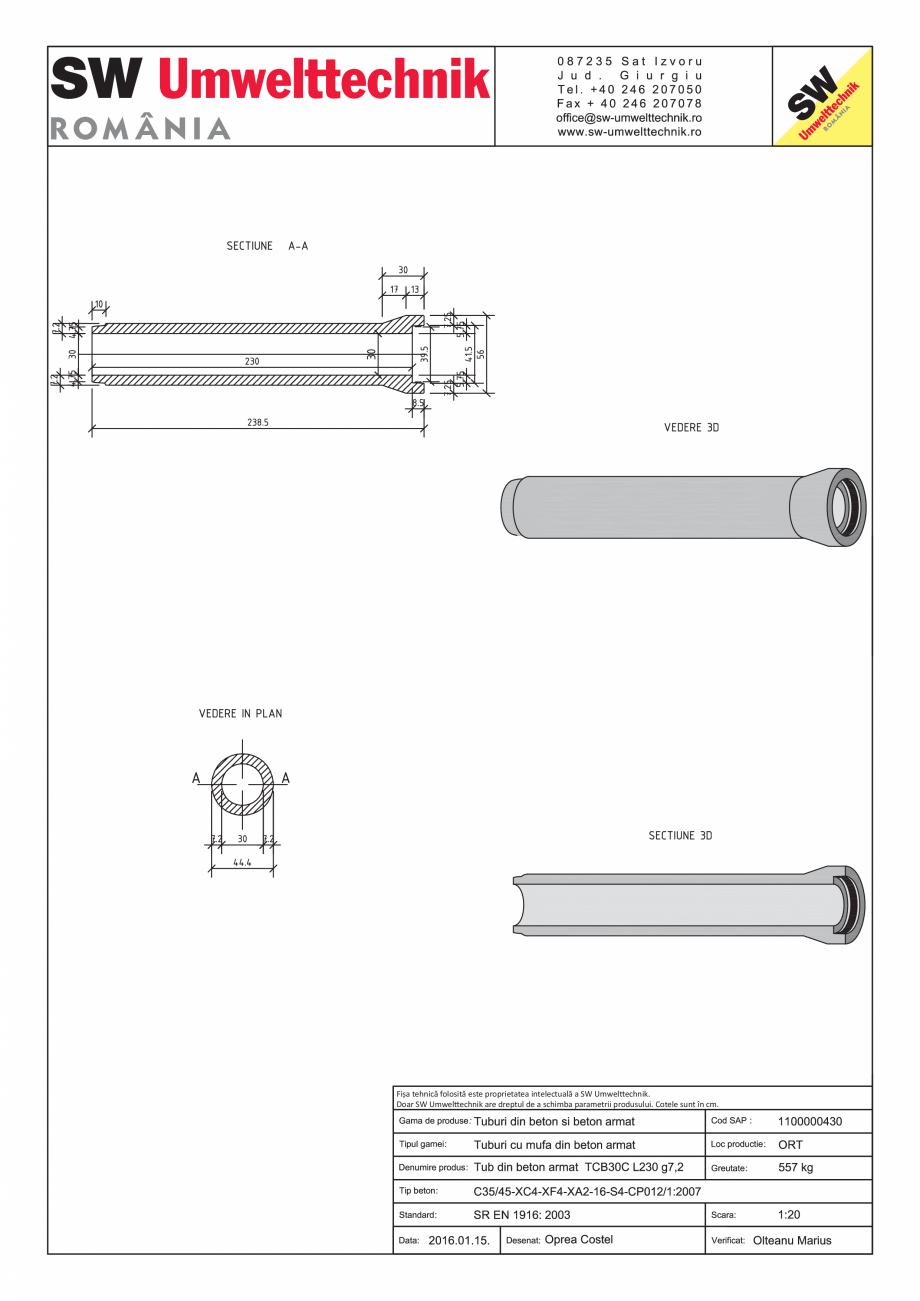Pagina 1 - CAD-PDF Tub din beton armat TCB30C L230 g7,2 SW UMWELTTECHNIK Detaliu de produs 