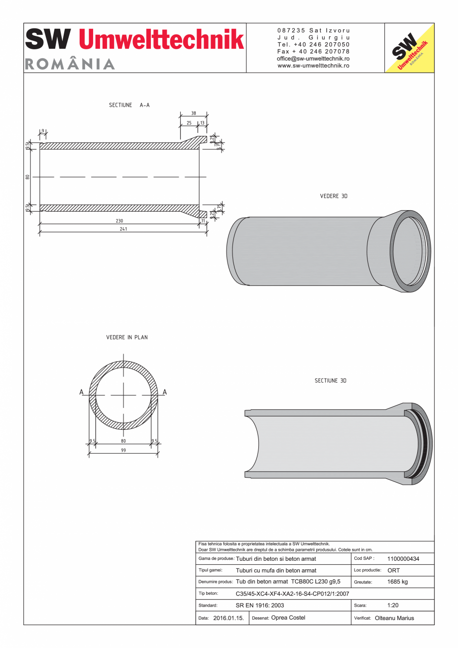 Pagina 1 - CAD-PDF Tub din beton armat TCB80C L230 g9,5 SW UMWELTTECHNIK Detaliu de produs 