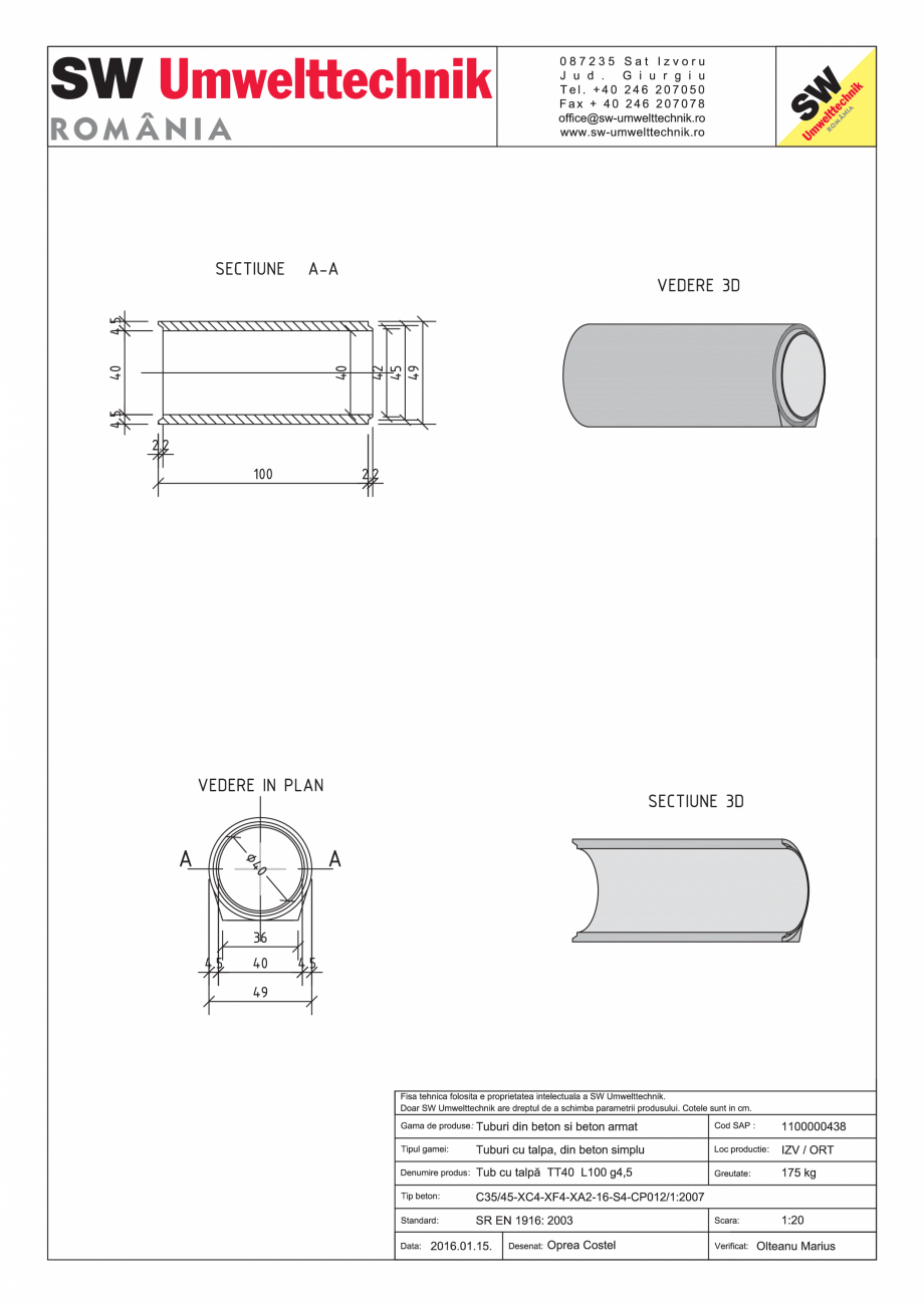Pagina 1-CAD-PDF Tub cu talpa TT40 L100 g4,5 SW UMWELTTECHNIK Detaliu de produs 