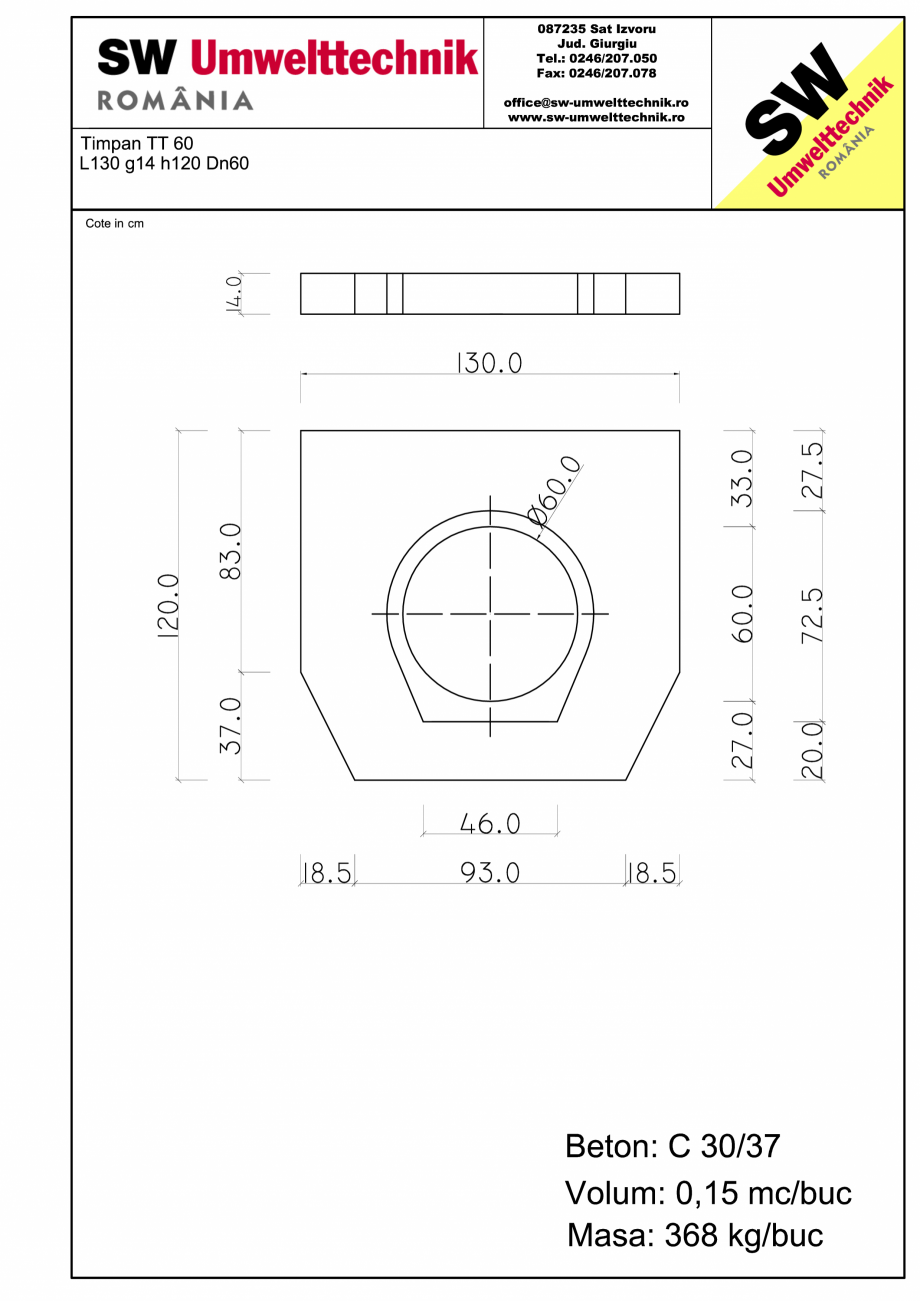 Pagina 1-CAD-PDF Timpan TT60 L130 g14 h120 DN60 SW UMWELTTECHNIK Detaliu de produs TT-TCB-RC 
