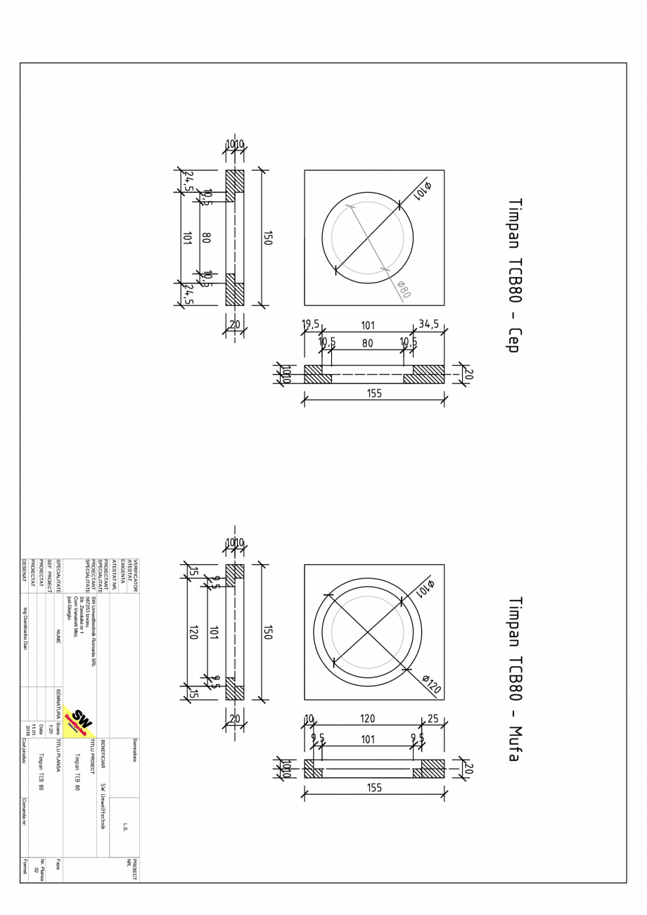Pagina 1-CAD-PDF Timpan TCB80 L150 g20 h150 DN80 SW UMWELTTECHNIK Detaliu de produs TT-TCB-RC 