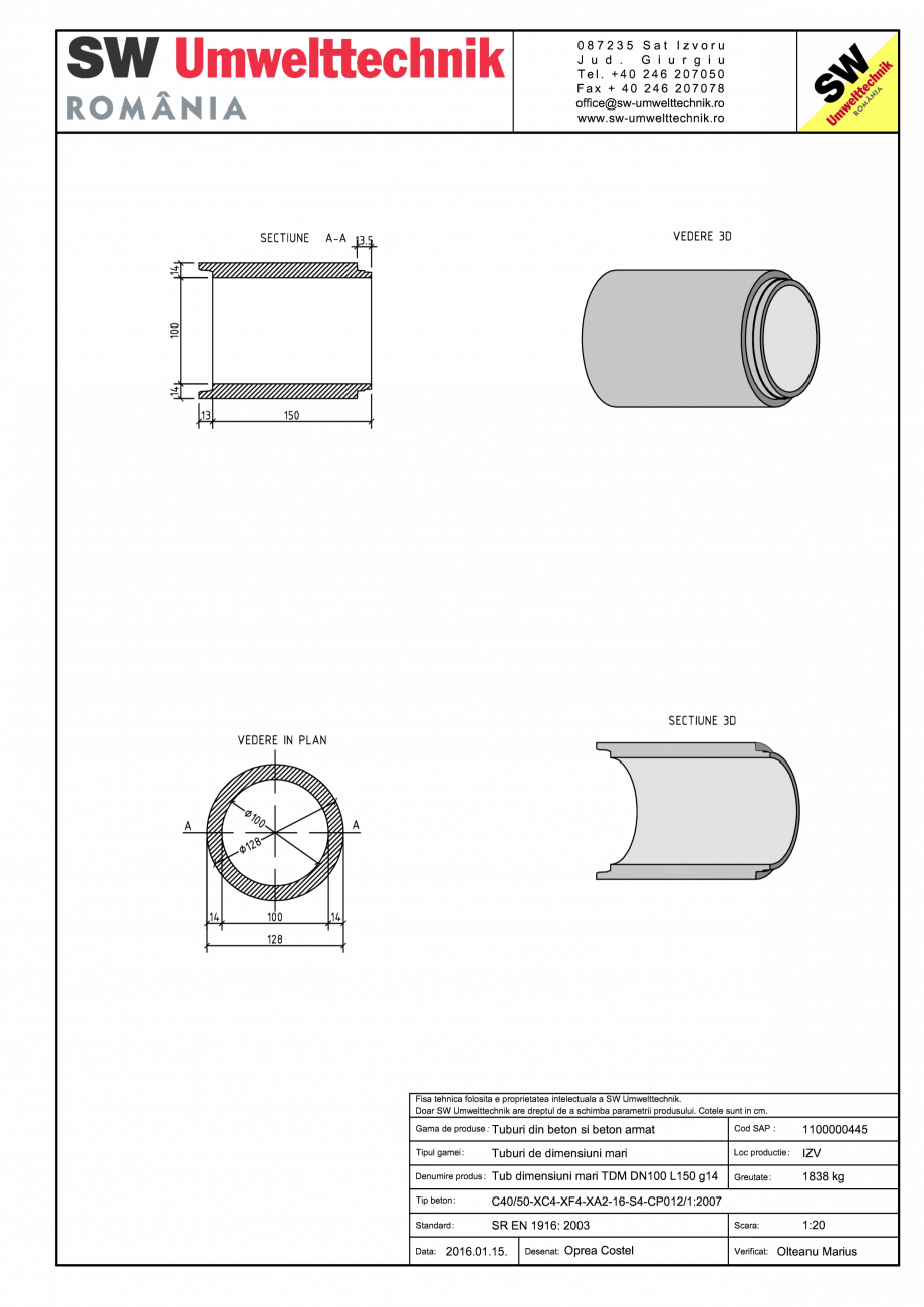Pagina 1 - CAD-PDF Tub dimensiuni mari TDM DN100 L150 g14 SW UMWELTTECHNIK Detaliu de produs 