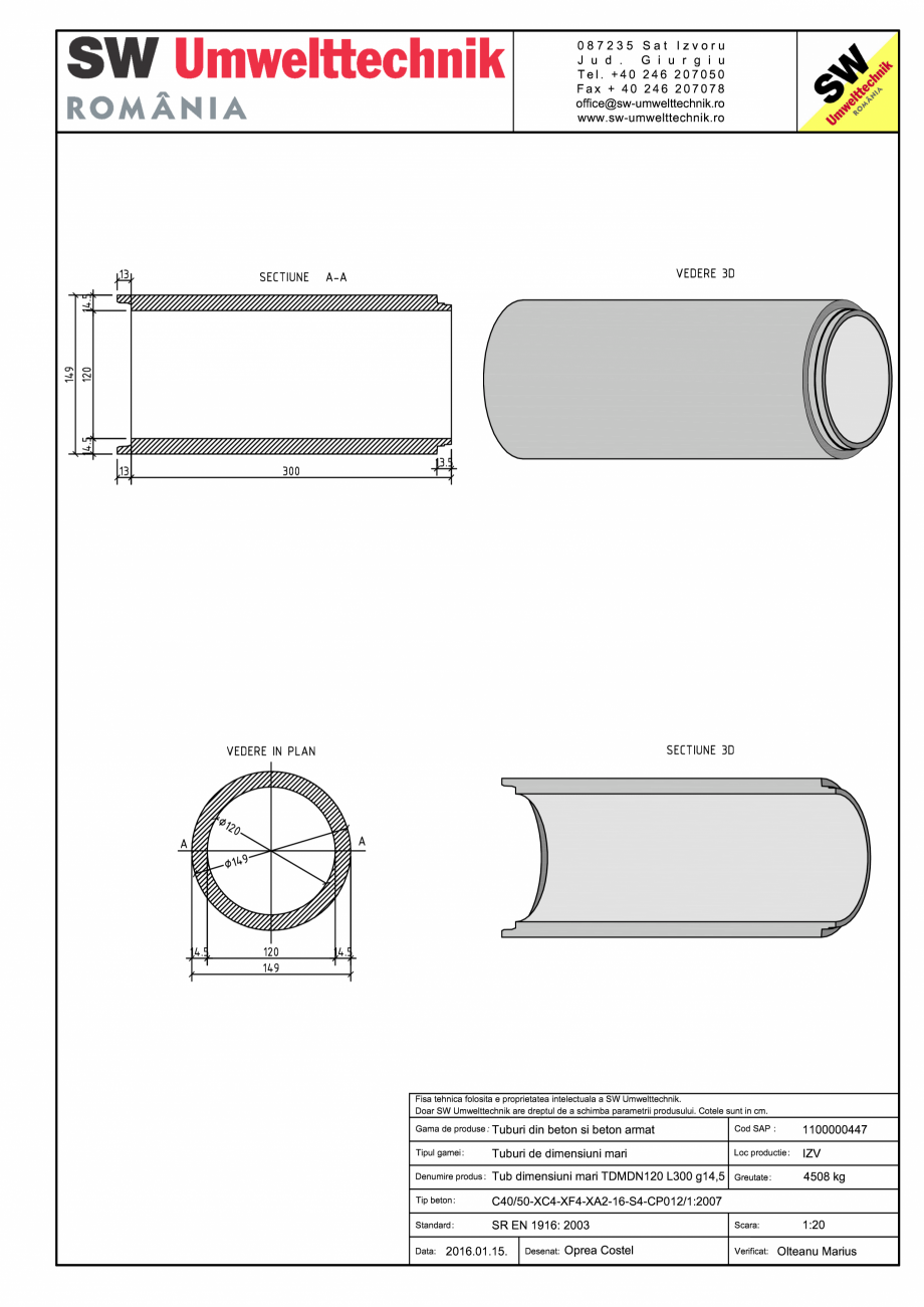 Pagina 1 - CAD-PDF Tub dimensiuni mari TDM DN120 L300 g14,5 SW UMWELTTECHNIK Detaliu de produs 