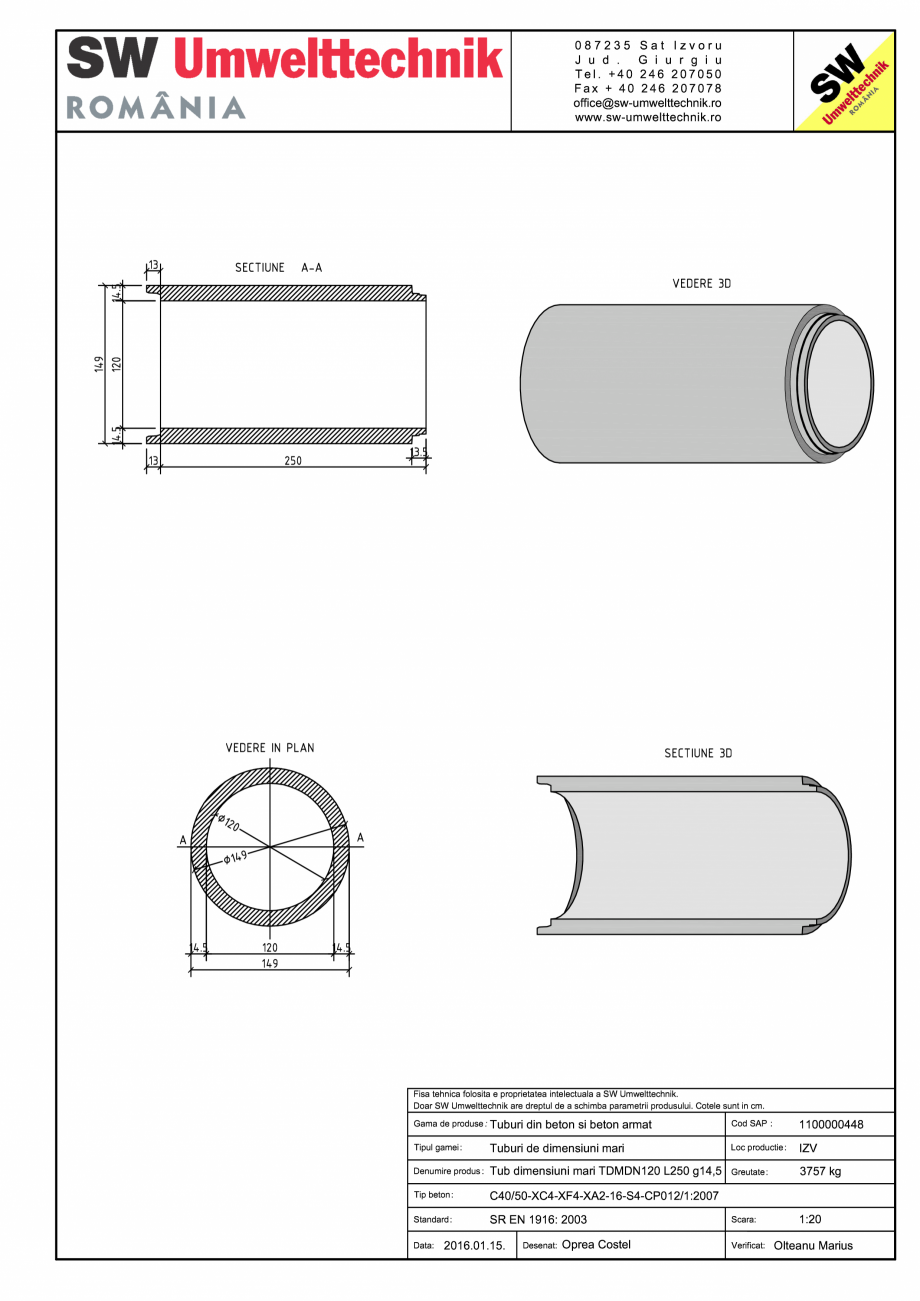 Pagina 1 - CAD-PDF Tub dimensiuni mari TDM DN120 L250 g14,5 SW UMWELTTECHNIK Detaliu de produs 