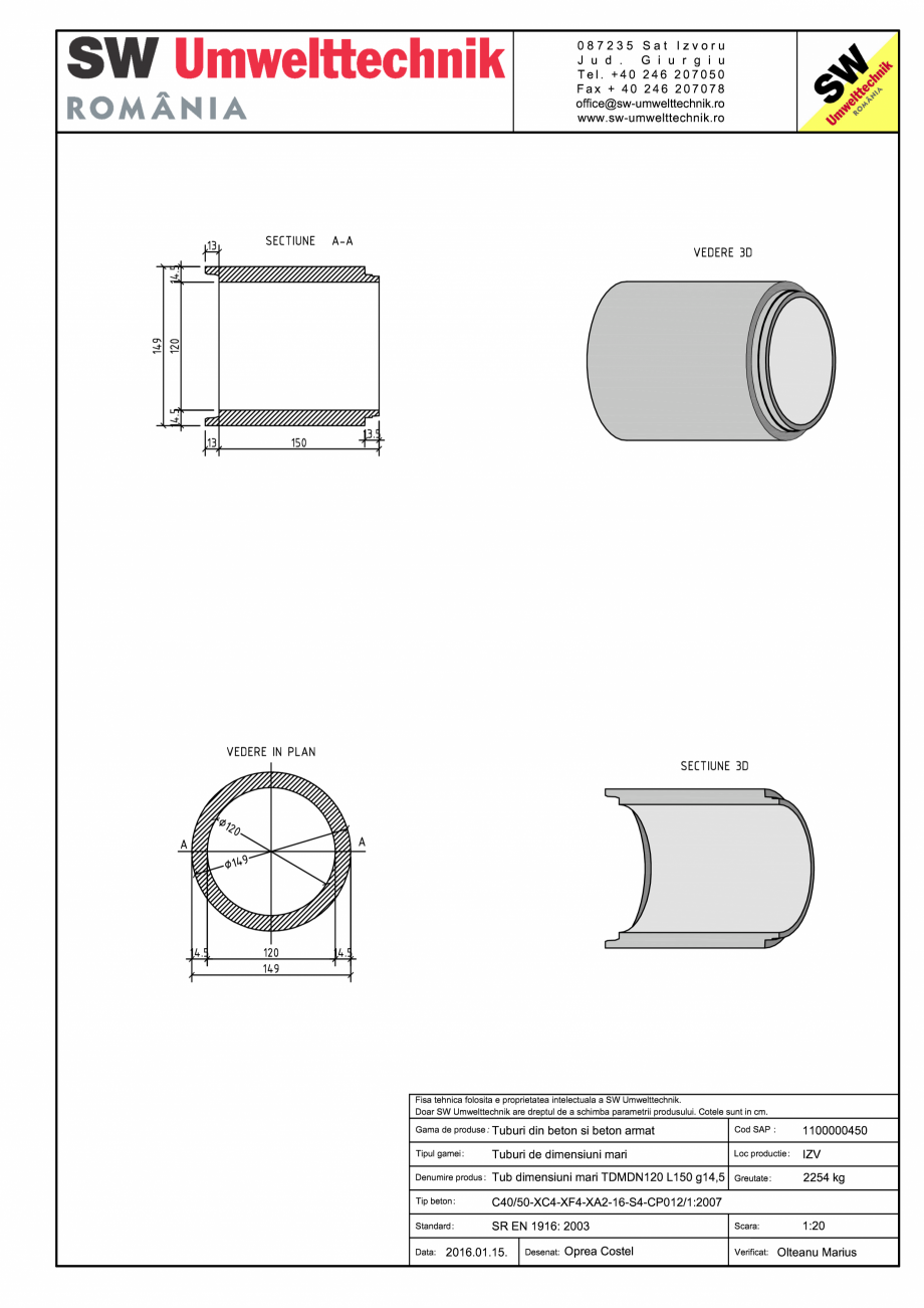 Pagina 1-CAD-PDF Tub dimensiuni mari TDM DN120 L150 g14,5 SW UMWELTTECHNIK Detaliu de produs 