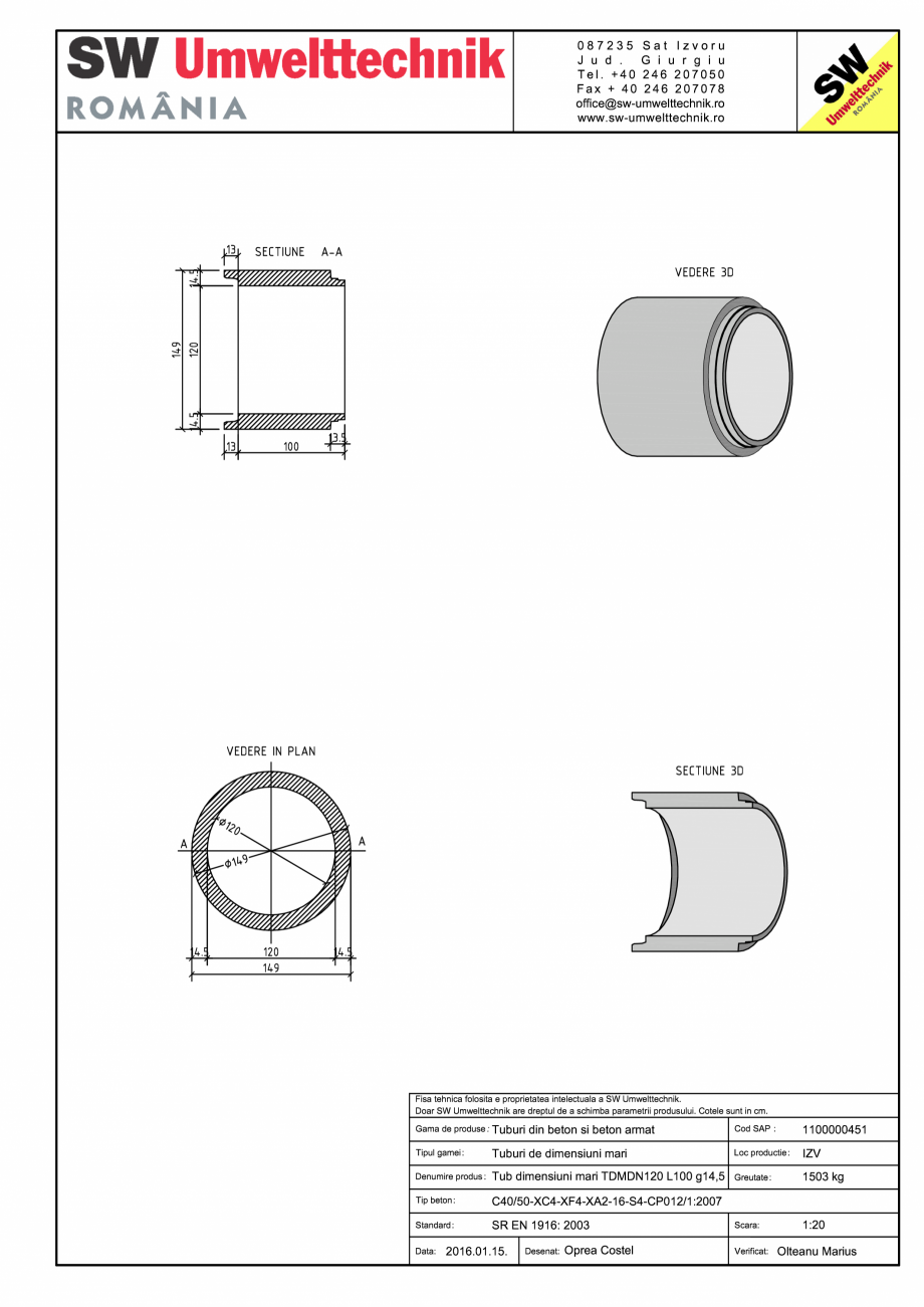 Pagina 1-CAD-PDF Tub dimensiuni mari TDM DN120 L100 g14,5 SW UMWELTTECHNIK Detaliu de produs 