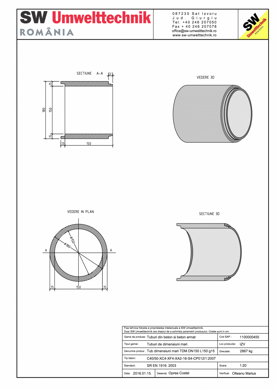 Pagina 1-CAD-PDF Tub dimensiuni mari TDM DN150 L150 g15 SW UMWELTTECHNIK Detaliu de produs 