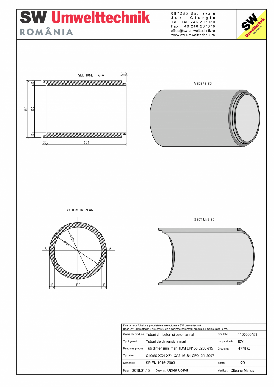 Pagina 1-CAD-PDF Tub dimensiuni mari TDM DN150 L250 g15 SW UMWELTTECHNIK Detaliu de produs 