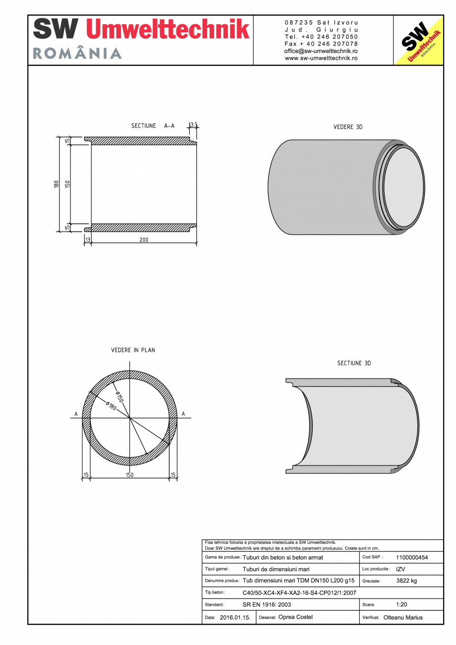 Pagina 1 - CAD-PDF Tub dimensiuni mari TDM DN150 L200 g15 SW UMWELTTECHNIK Detaliu de produs 