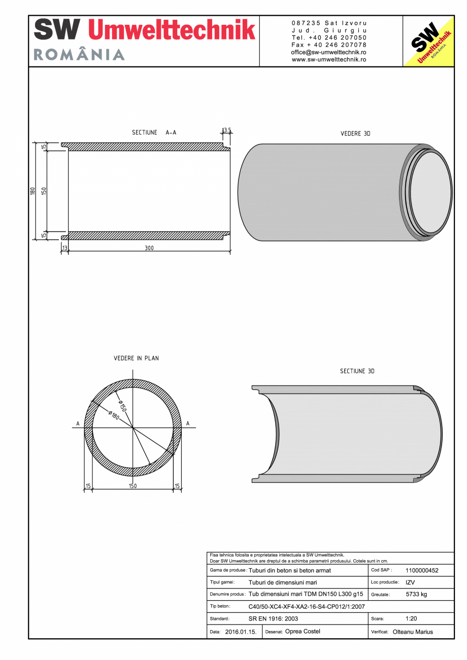 Pagina 1-CAD-PDF Tub dimensiuni mari TDM DN150 L300 g15 SW UMWELTTECHNIK Detaliu de produs 