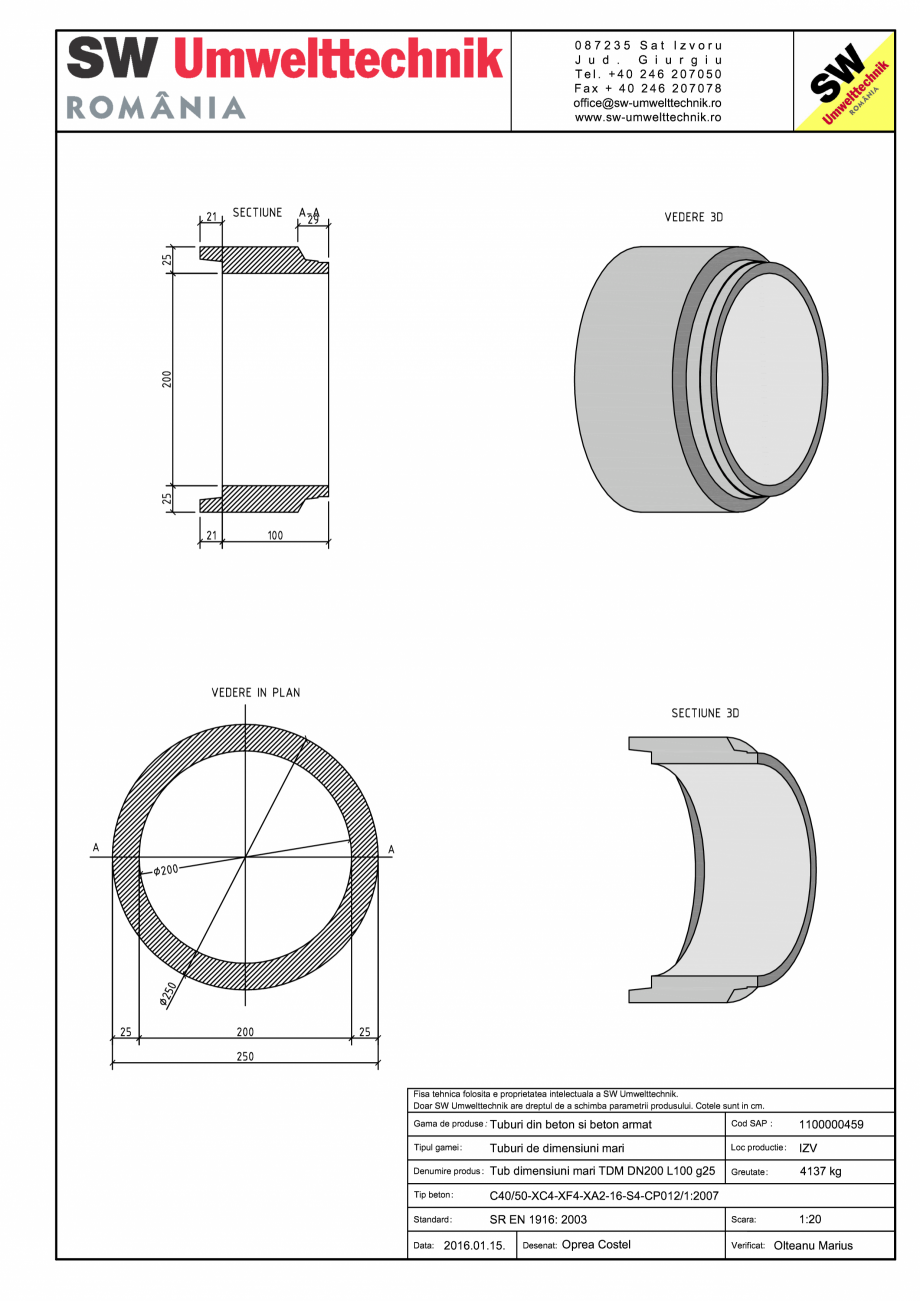 Pagina 1 - CAD-PDF Tub dimensiuni mari TDM DN200 L100 g25 SW UMWELTTECHNIK Detaliu de produs 