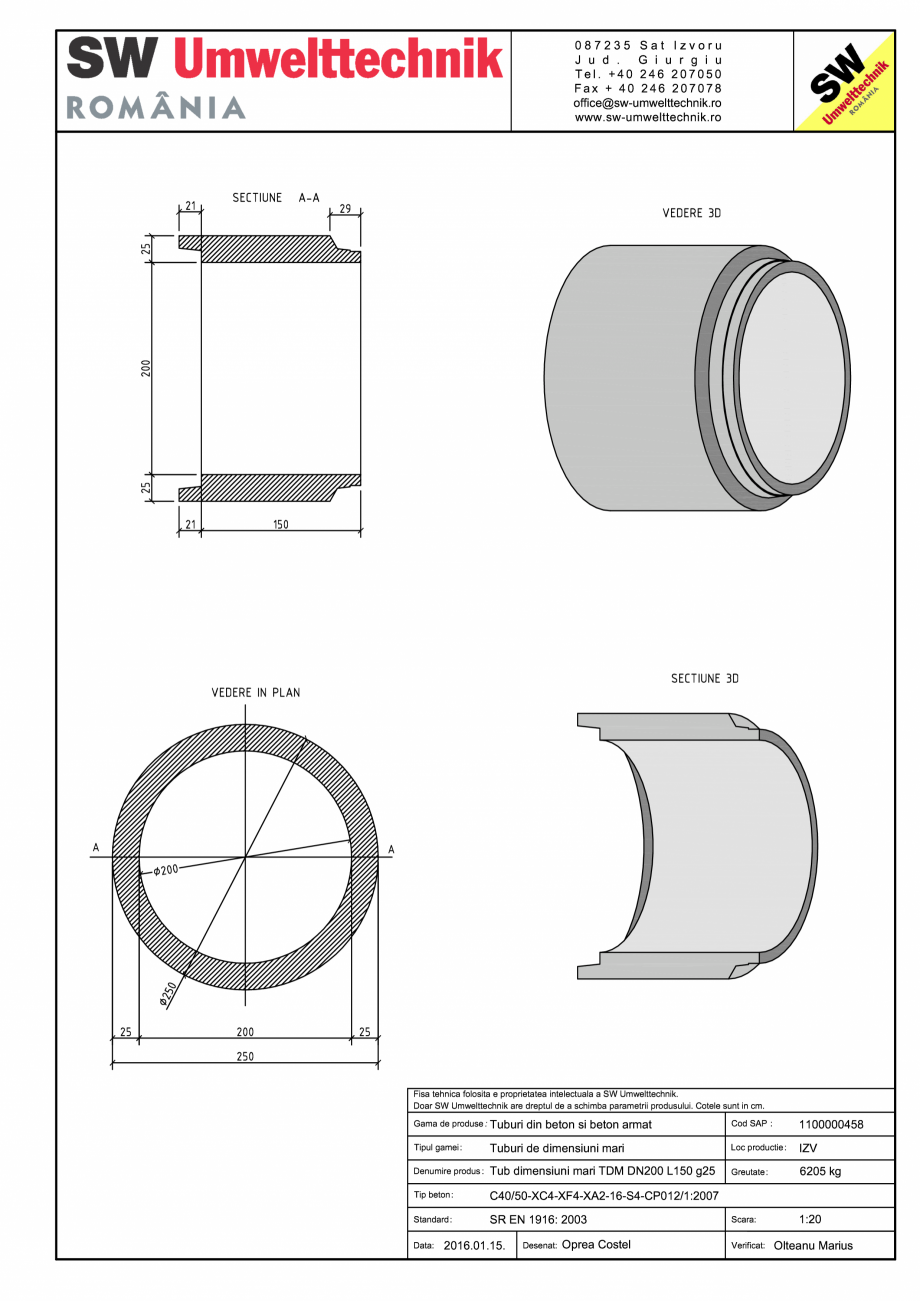Pagina 1 - CAD-PDF Tub dimensiuni mari TDM DN200 L150 g25 SW UMWELTTECHNIK Detaliu de produs 