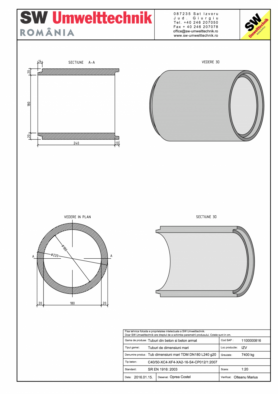 Pagina 1 - CAD-PDF Tub dimensiuni mari TDM DN180 L240 g20 SW UMWELTTECHNIK Detaliu de produs 
