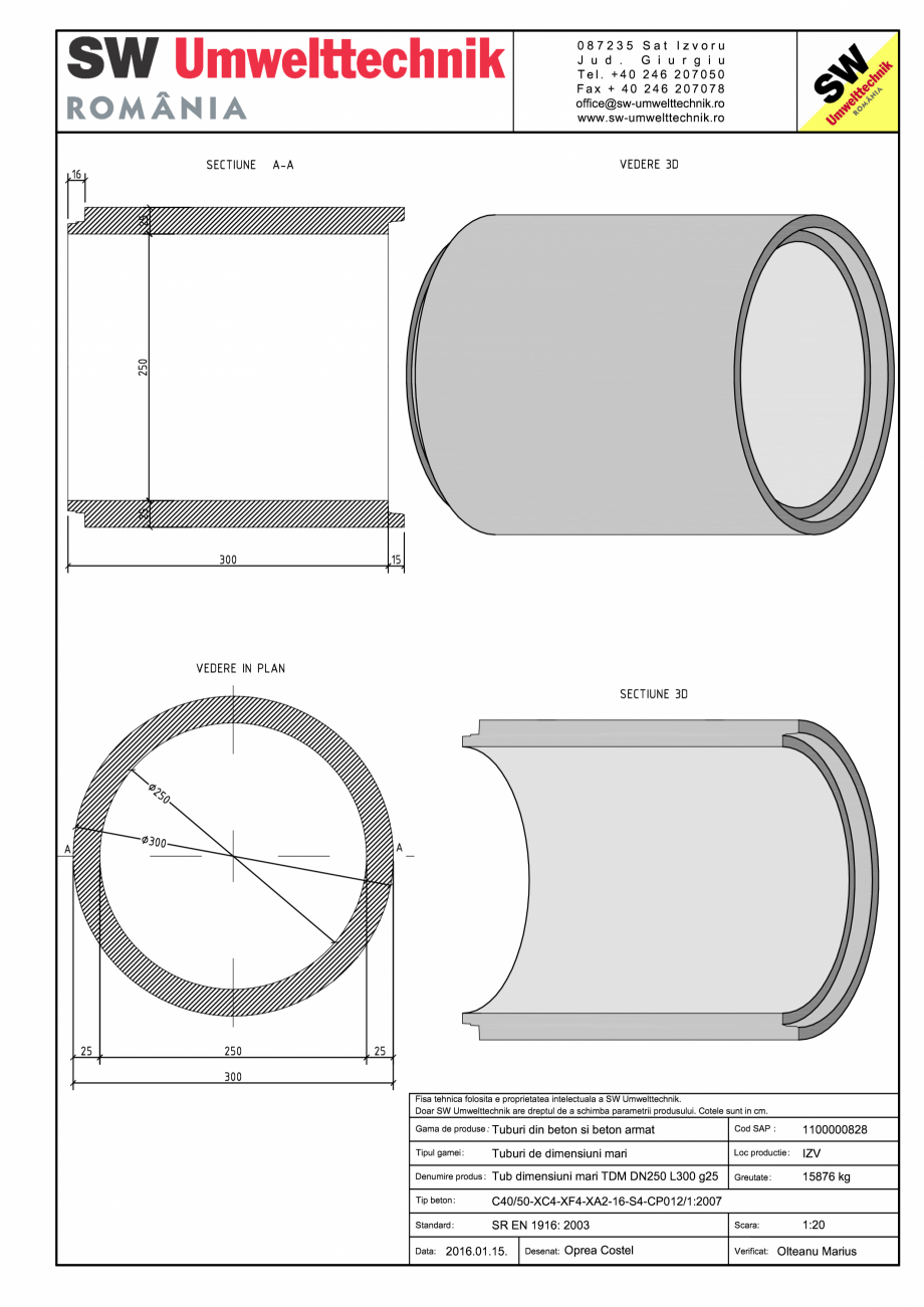 Pagina 1-CAD-PDF Tub dimensiuni mari TDM DN250 L300 g25 SW UMWELTTECHNIK Detaliu de produs 