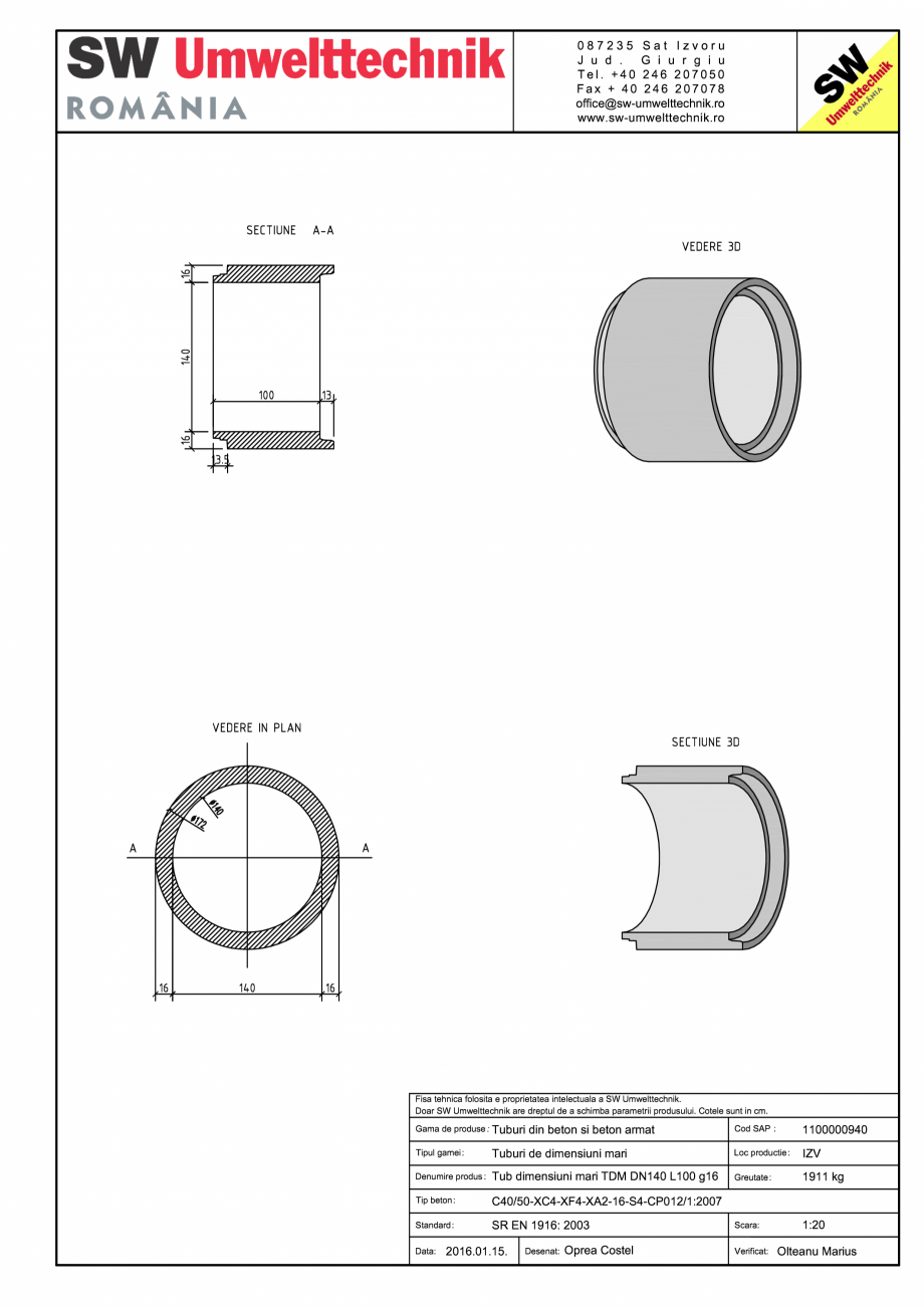 Pagina 1 - CAD-PDF Tub dimensiuni mari TDM DN140 L100 g16 SW UMWELTTECHNIK Detaliu de produs 