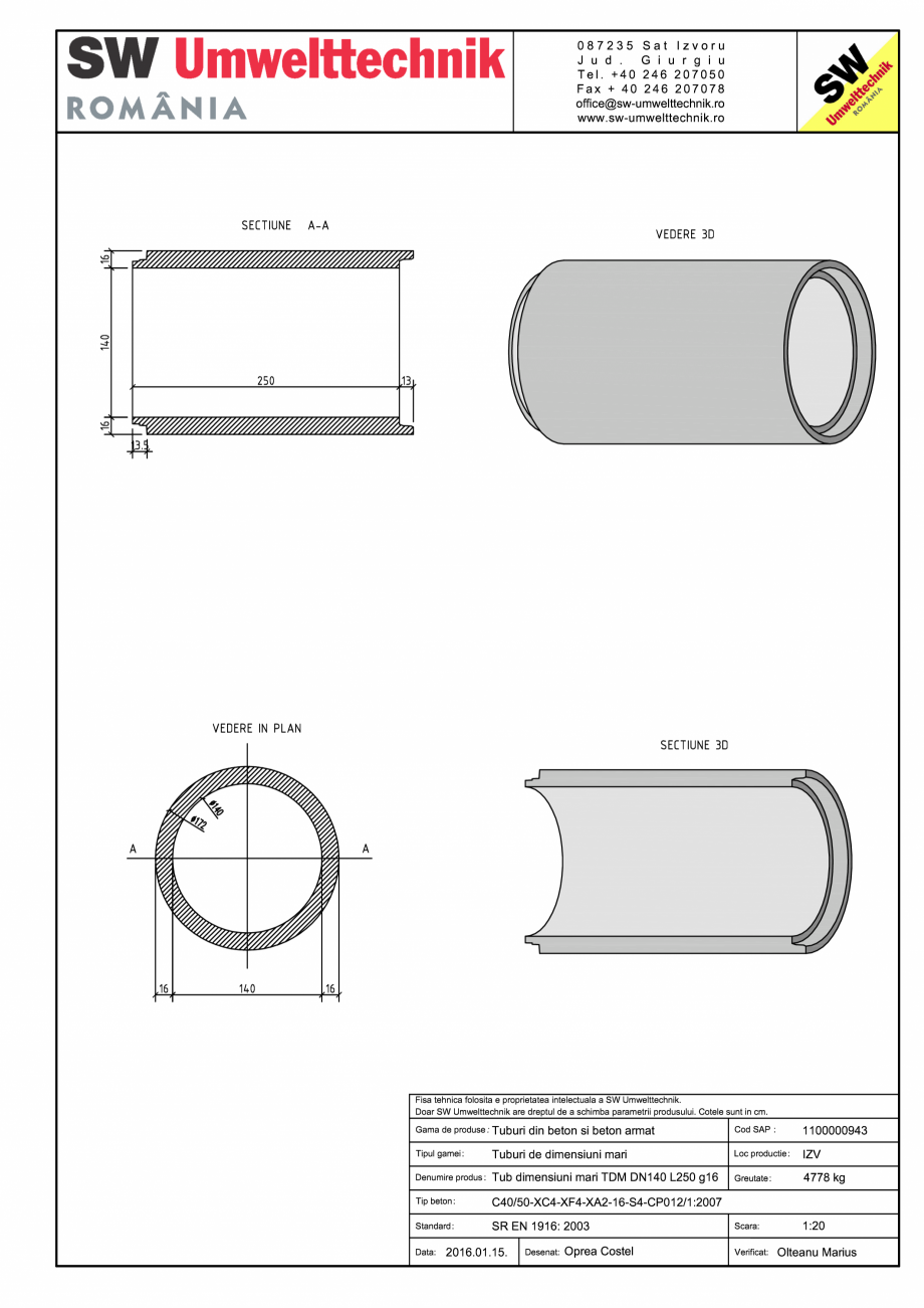 Pagina 1-CAD-PDF Tub dimensiuni mari TDM DN140 L250 g16 SW UMWELTTECHNIK Detaliu de produs 