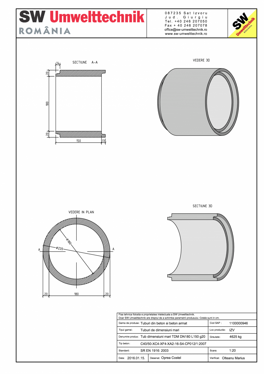 Pagina 1 - CAD-PDF Tub dimensiuni mari TDM DN180 L150 g20 SW UMWELTTECHNIK Detaliu de produs 