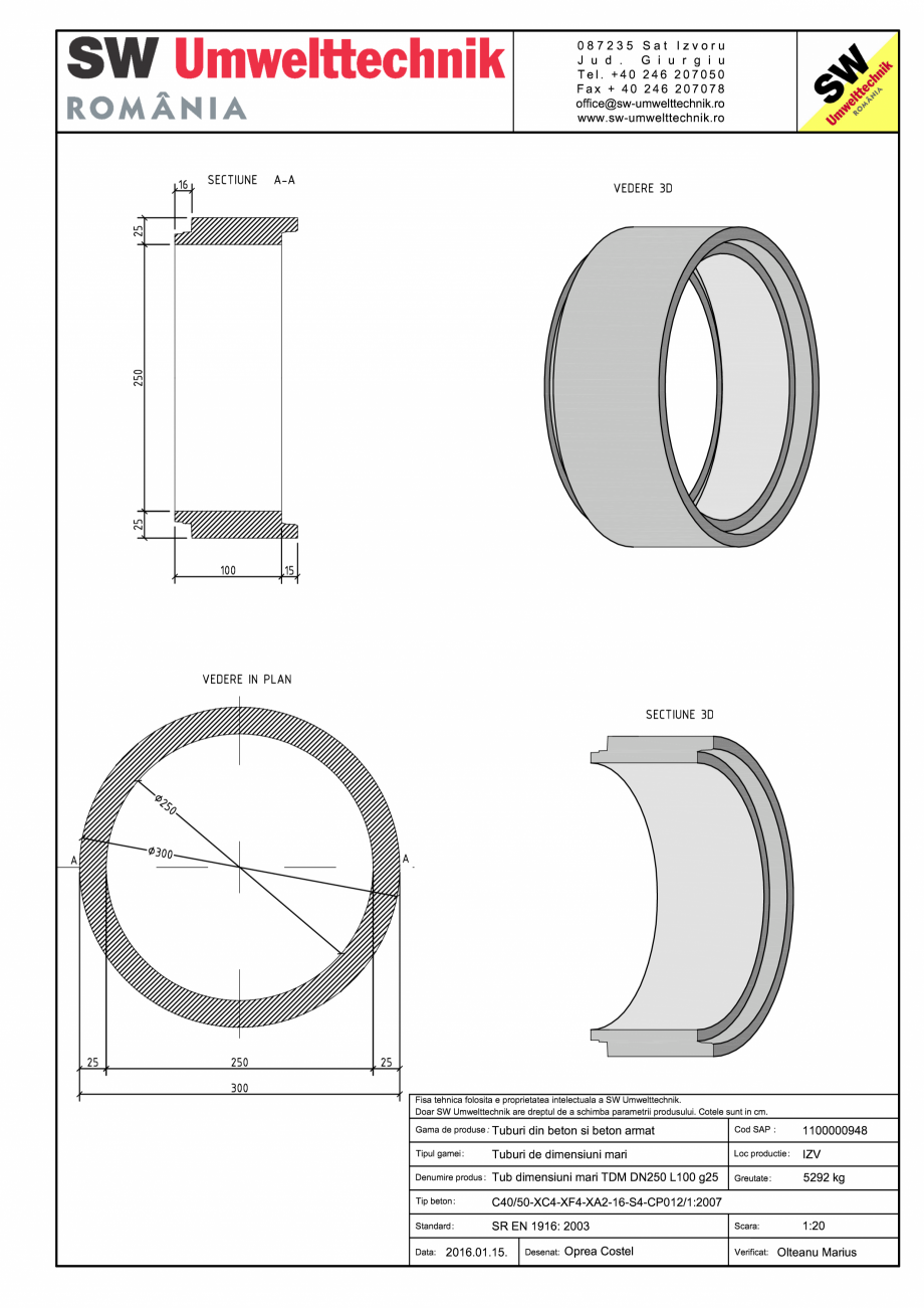 Pagina 1-CAD-PDF Tub dimensiuni mari TDM DN250 L100 g25 SW UMWELTTECHNIK Detaliu de produs 