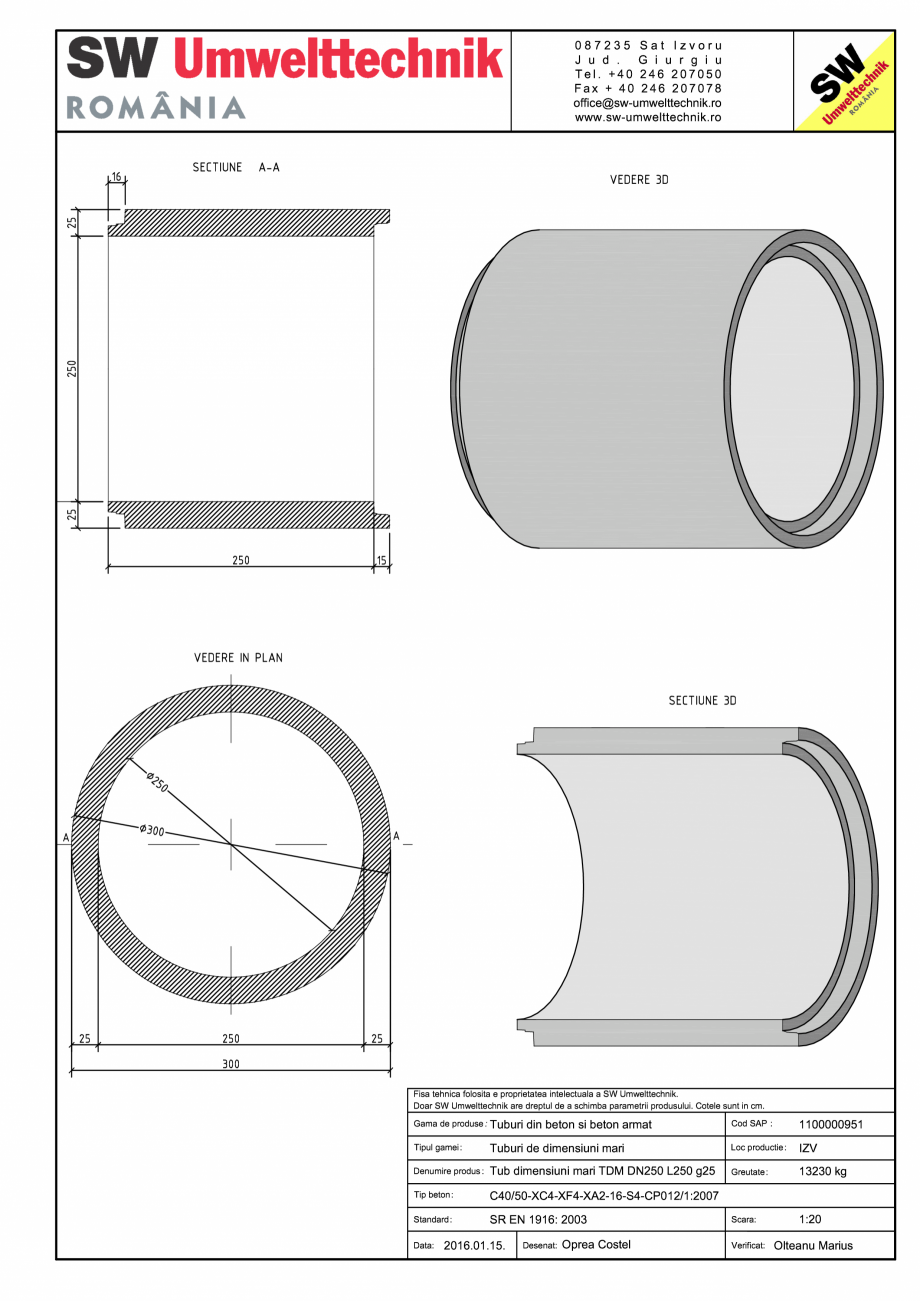 Pagina 1-CAD-PDF Tub dimensiuni mari TDM DN250 L250 g25 SW UMWELTTECHNIK Detaliu de produs 