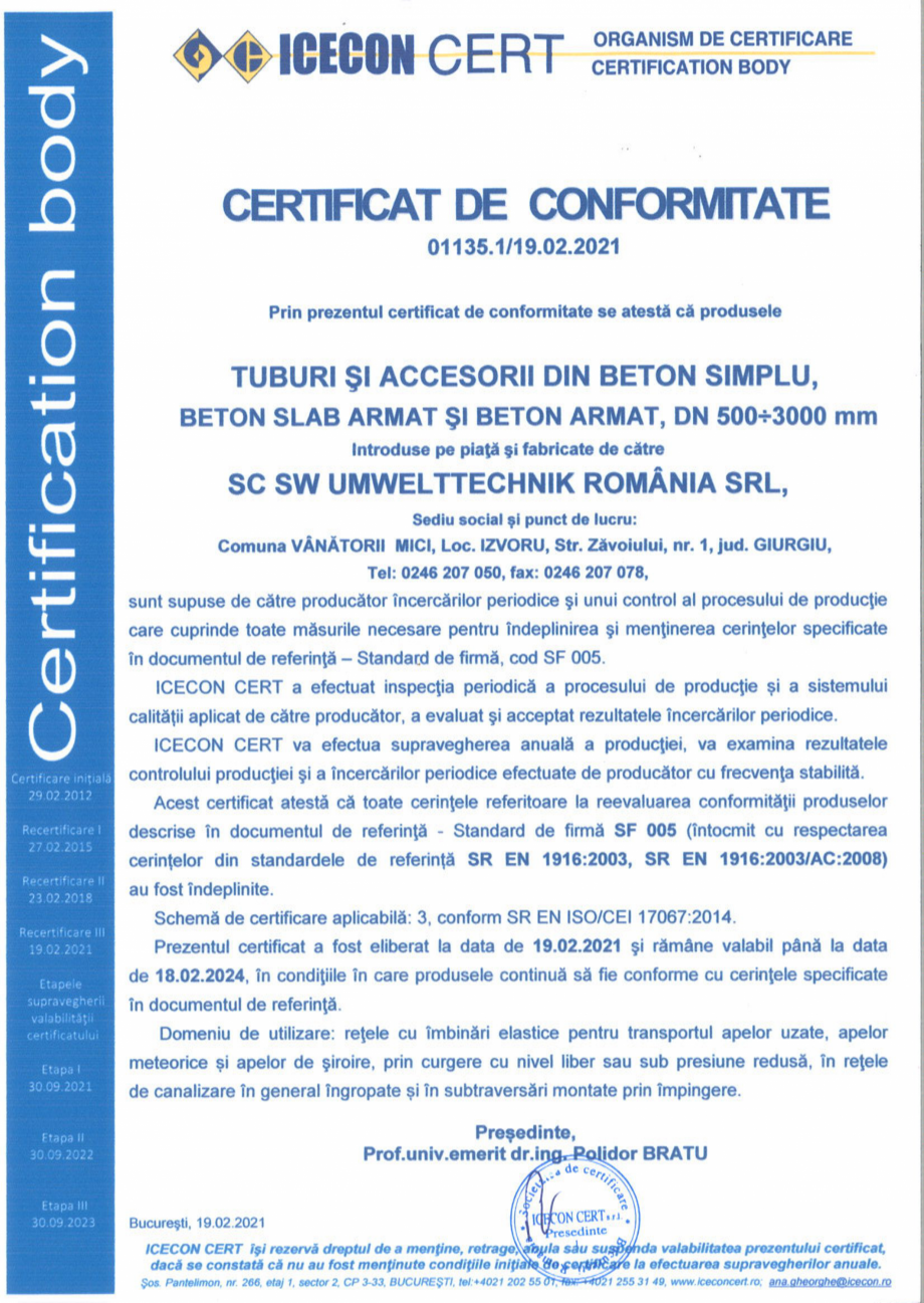 Pagina 1-Certificat de conformitate nr 01135 - tuburi din beton armat - DN 500-3000 SW UMWELTTECHNIK TCB, TT,...