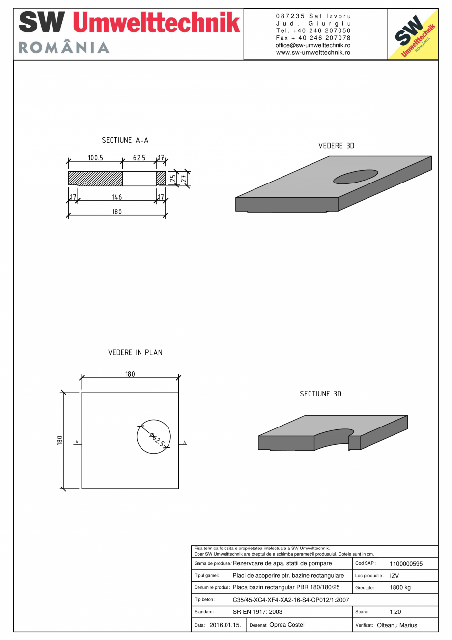 Pagina 1-CAD-PDF Placa bazin rectangular PBR 180/180/25 SW UMWELTTECHNIK Detaliu de produs 