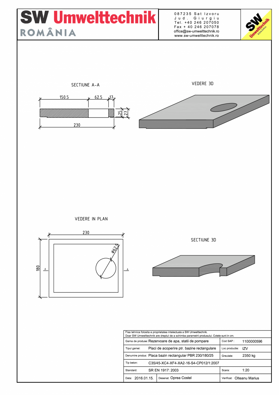 Pagina 1-CAD-PDF Placa bazin rectangular PBR 230/180/25 SW UMWELTTECHNIK Detaliu de produs 