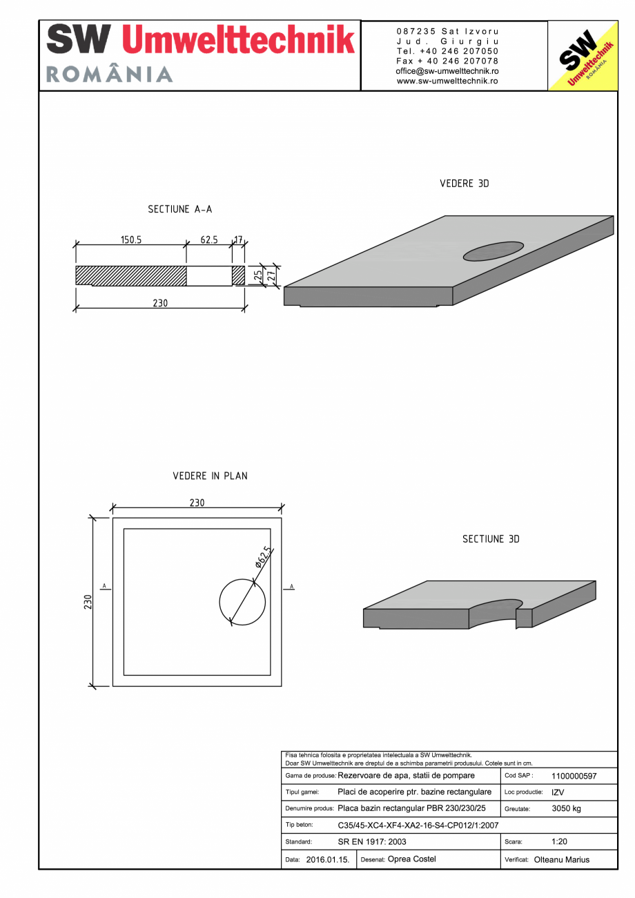Pagina 1-CAD-PDF Placa bazin rectangular PBR 230/230/25 SW UMWELTTECHNIK Detaliu de produs 