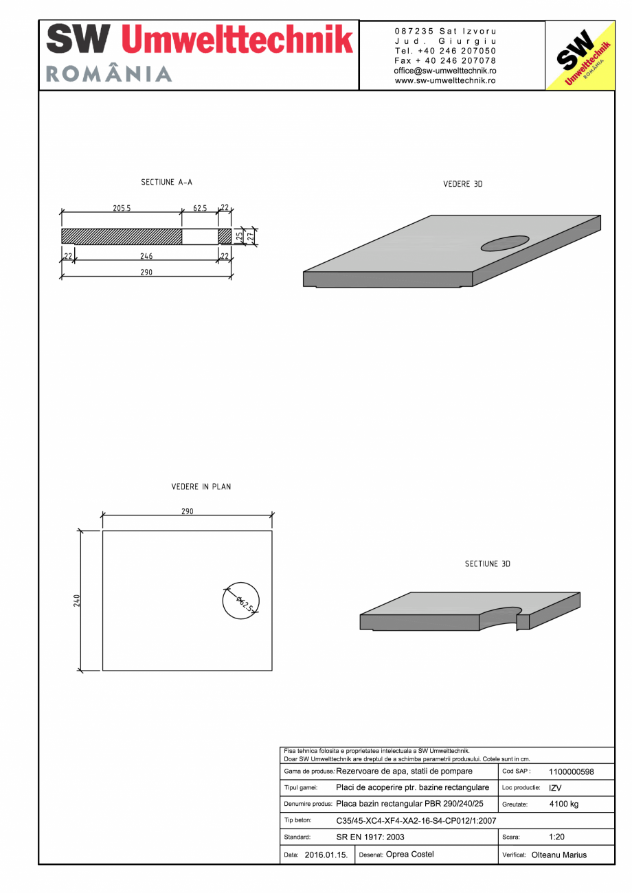 Pagina 1-CAD-PDF Placa bazin rectangular PBR 290/240/25 SW UMWELTTECHNIK Detaliu de produs 