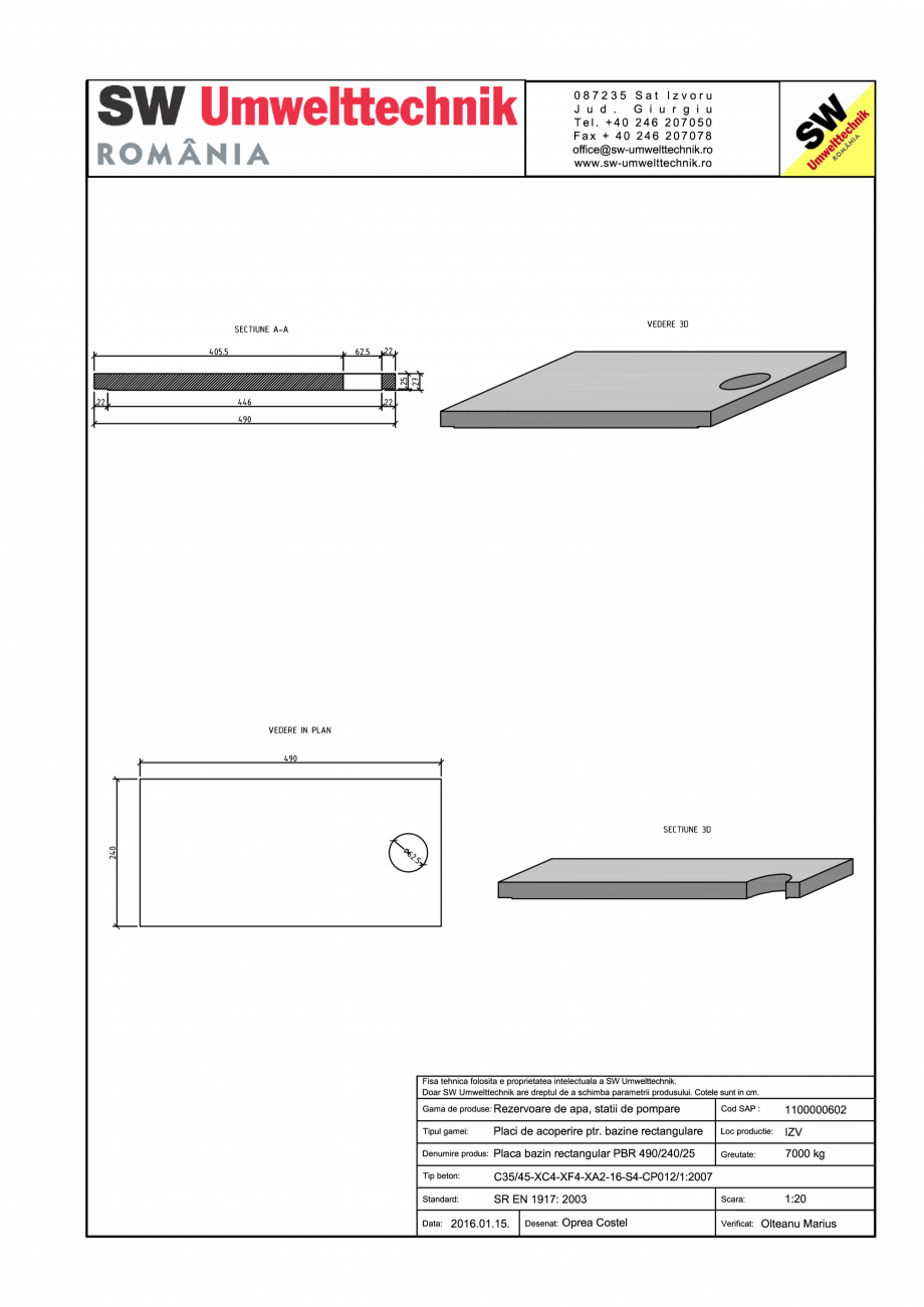 Pagina 1-CAD-PDF Placa bazin rectangular PBR 490/240/25 SW UMWELTTECHNIK Detaliu de produs 