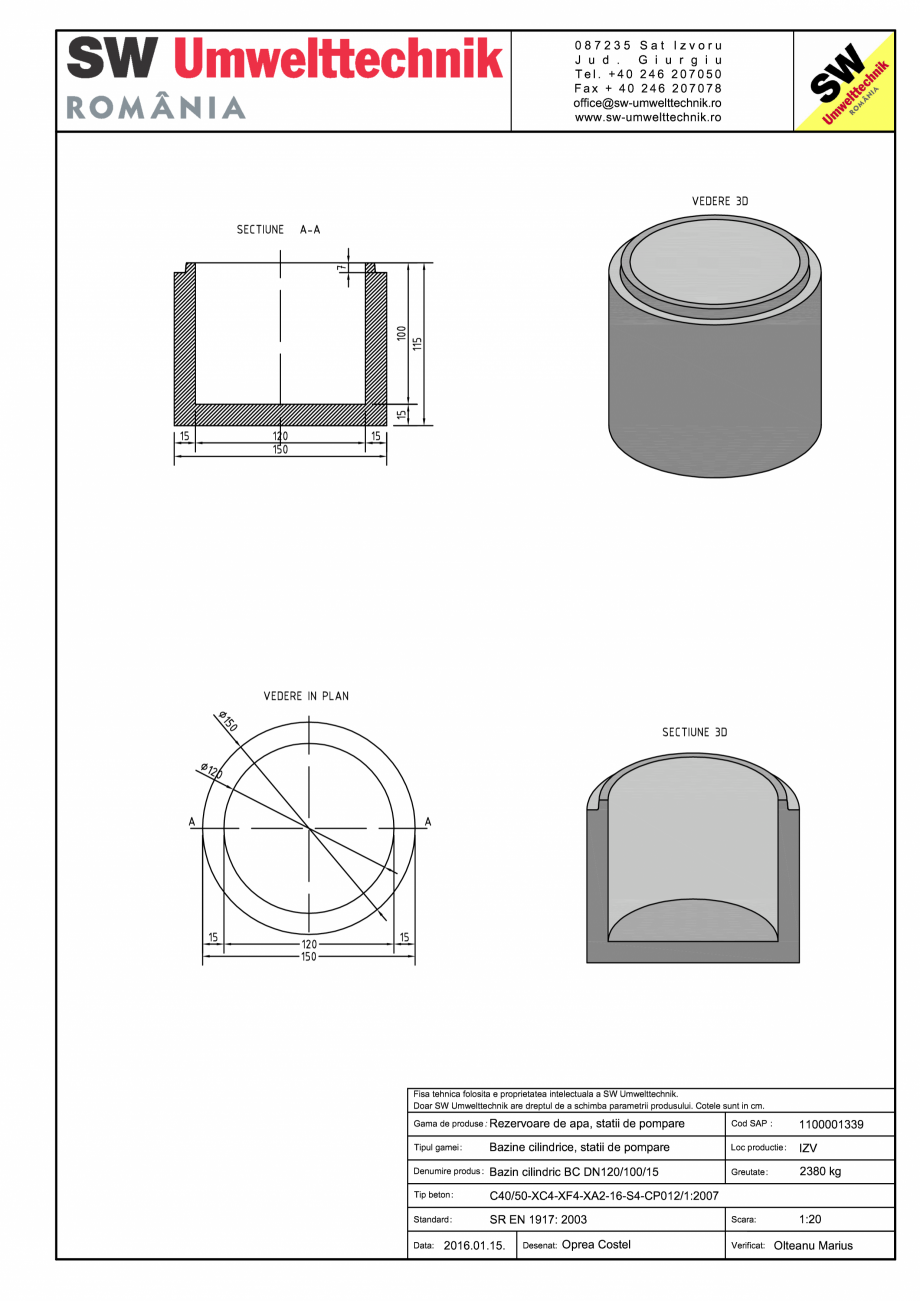 Pagina 1-CAD-PDF Bazin cilindric BC DN120/100/15 SW UMWELTTECHNIK Detaliu de produs 