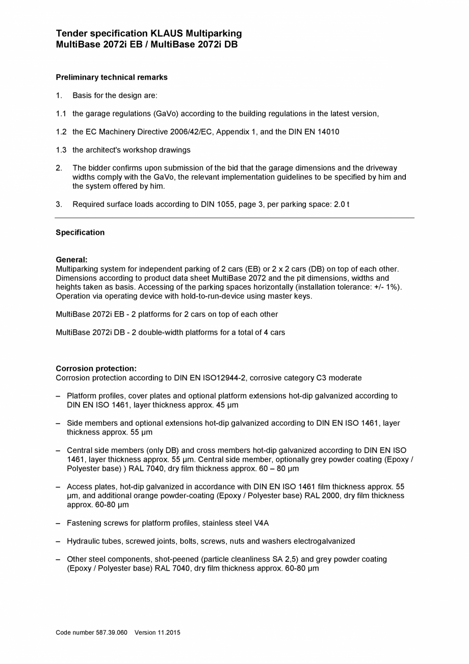 Pagina 1-Specificatii tehnice - Sistem de parcare hidraulic KLAUS MULTIBASE 2072i Fisa tehnica Engleza Tender...