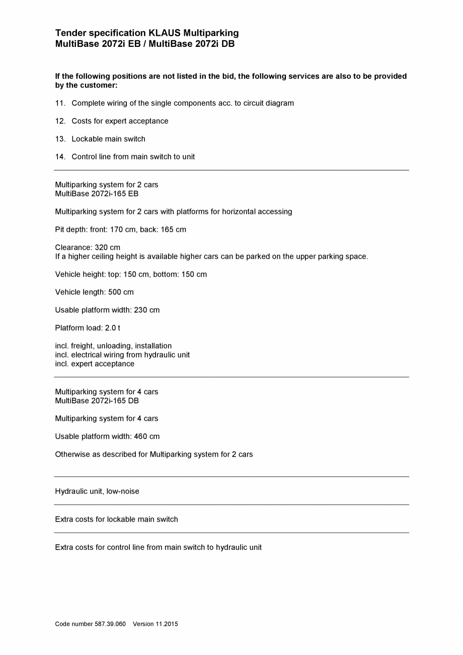 Pagina 3-Specificatii tehnice - Sistem de parcare hidraulic KLAUS MULTIBASE 2072i Fisa tehnica Engleza ilm...