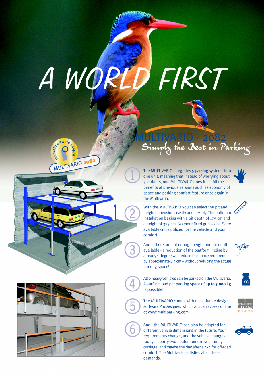 Pagina 1-Sistem de parcare hidraulic KLAUS MULTIVARIO 2082 Catalog, brosura Engleza A WORLD FIRST
novatio
In
...