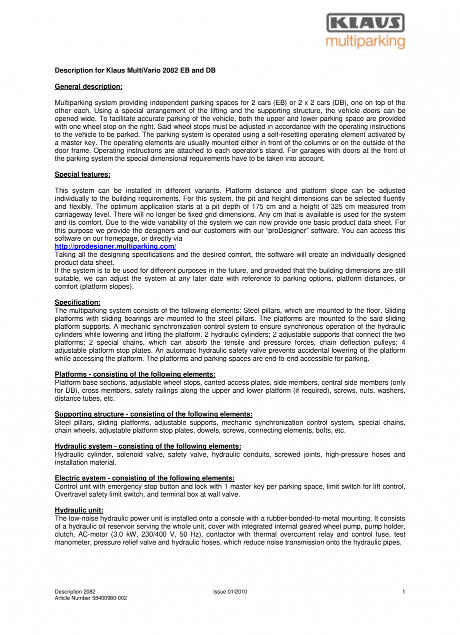 Pagina 1-Sistem de parcare hidraulic KLAUS MULTIVARIO 2082 Fisa tehnica Engleza Description for Klaus...