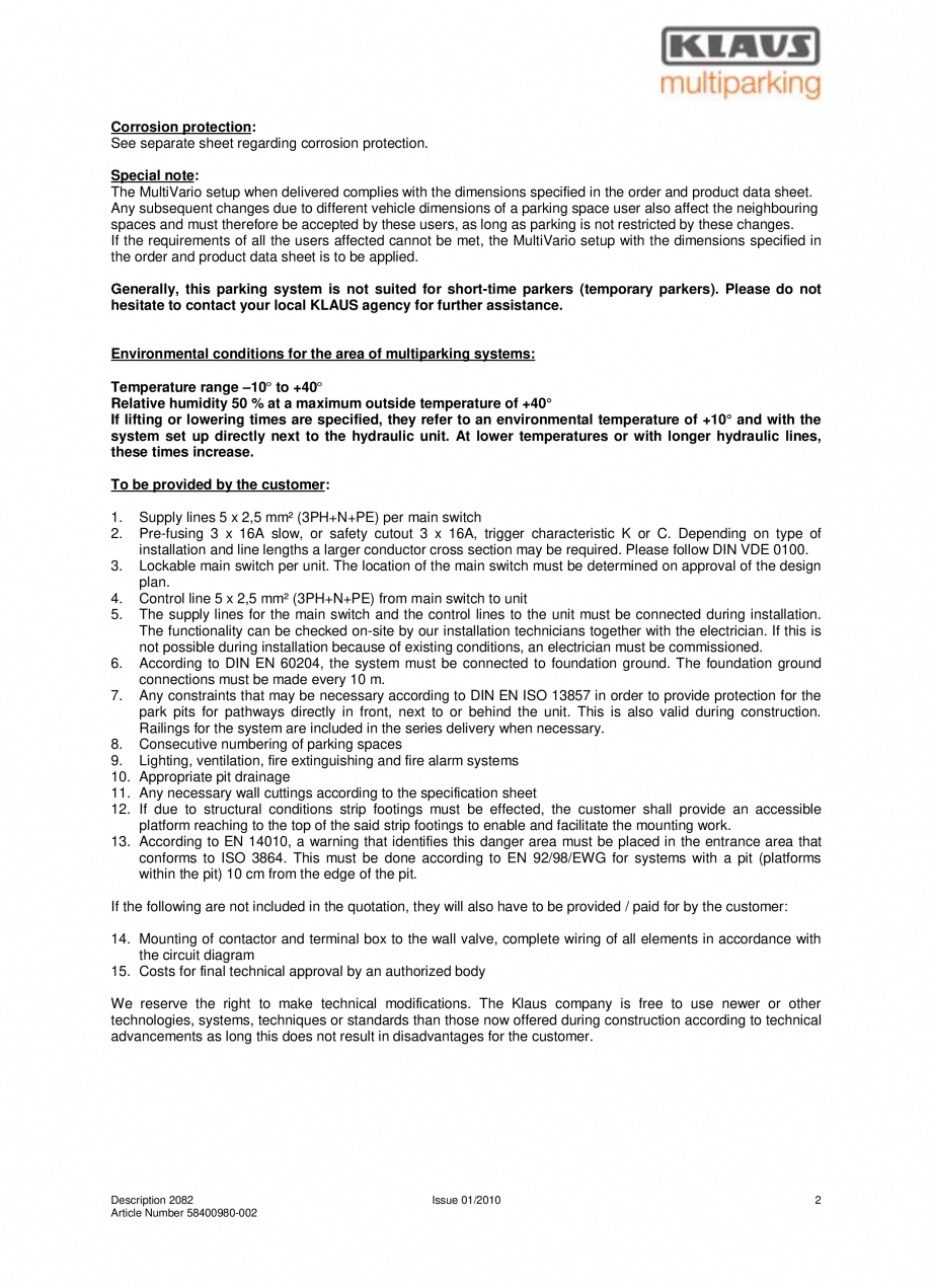 Pagina 2-Sistem de parcare hidraulic KLAUS MULTIVARIO 2082 Fisa tehnica Engleza rent variants. Platform...