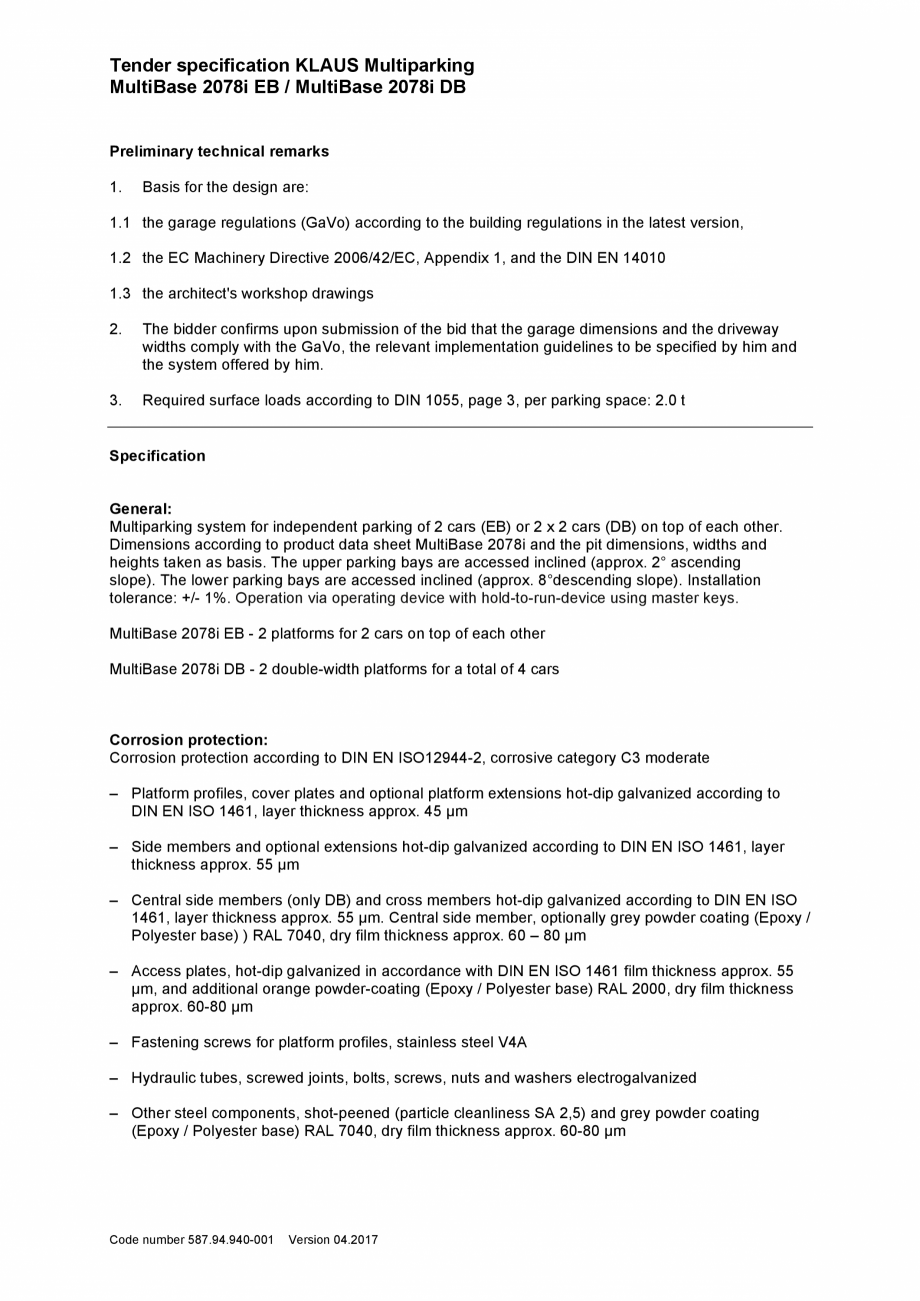 Pagina 1-Specificatii tehnice - Sistem de parcare hidraulic KLAUS MULTIBASE 2078i Fisa tehnica Engleza Tender...
