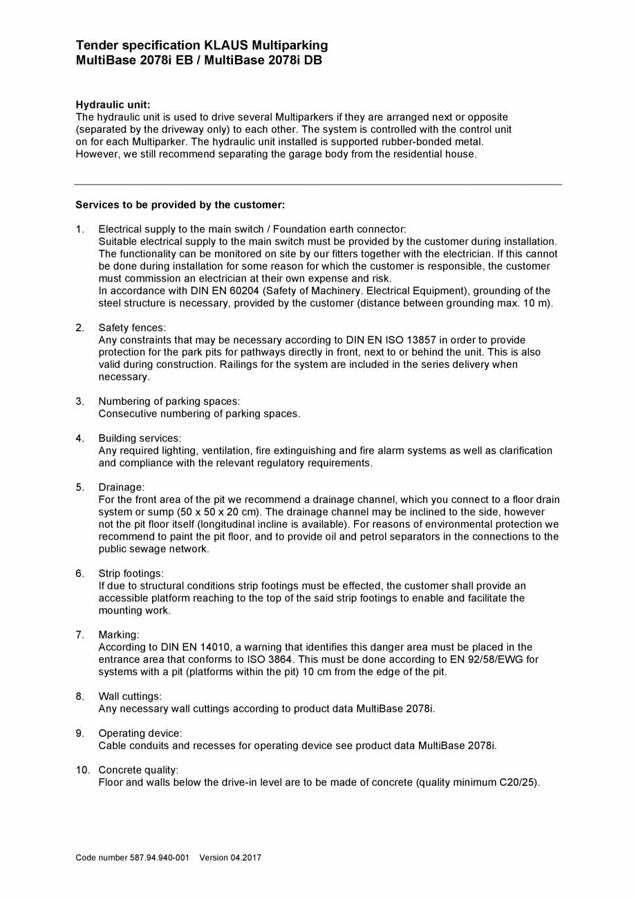 Pagina 2-Specificatii tehnice - Sistem de parcare hidraulic KLAUS MULTIBASE 2078i Fisa tehnica Engleza ssed...